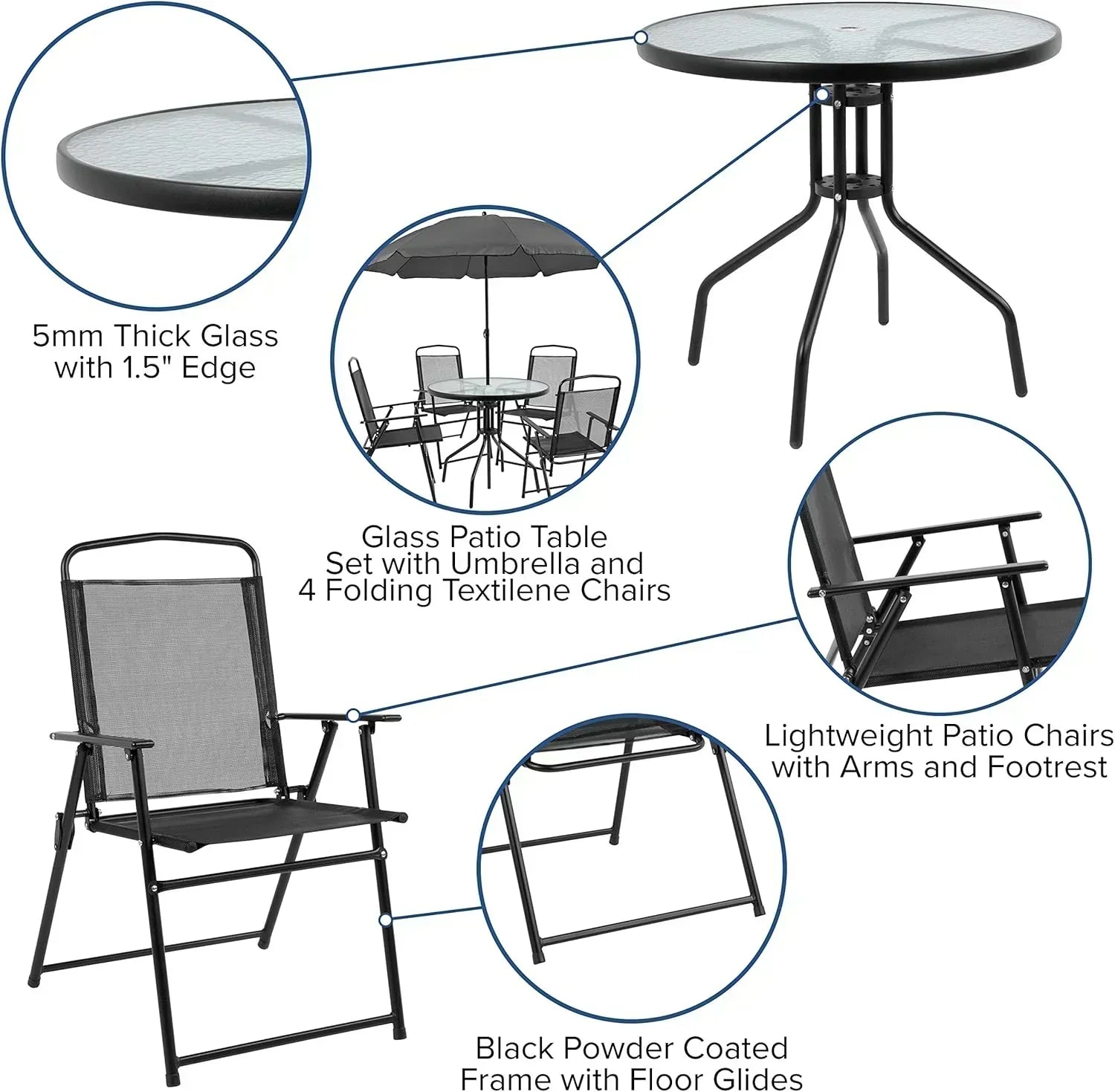 EMMA + OLIVER 6 Piece Brown Patio Garden Set with Umbrella Table Set of 4 Folding Chairs wourant