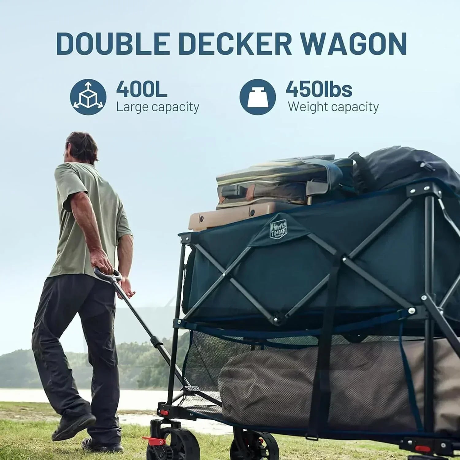 400L Large Capacity Folding Double Decker Cart with Brakes 54 Inch Extra Long Extended Cart wourant