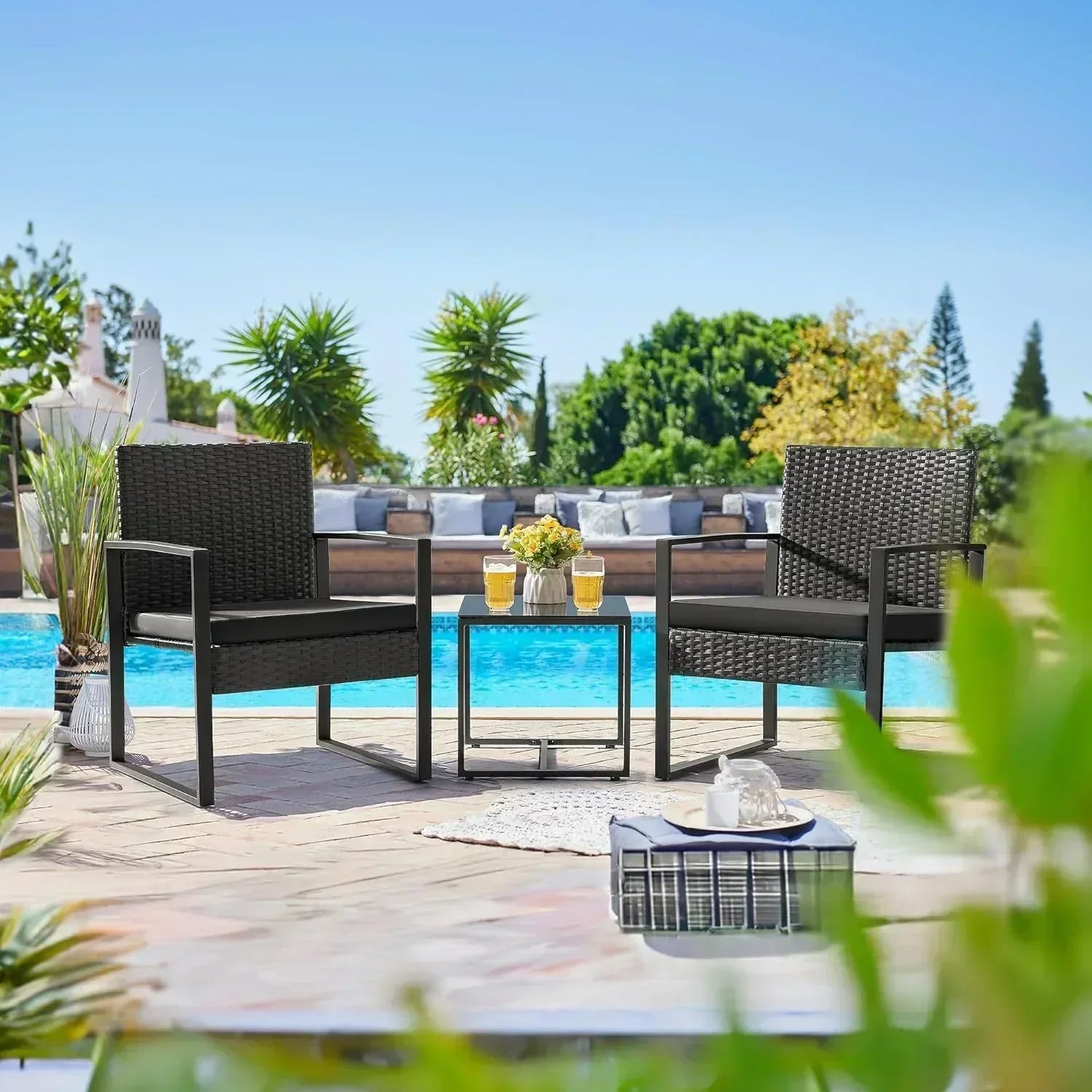 Flamaker 3 Pieces Patio Set Outdoor Wicker Furniture Sets Modern Rattan Chair Conversation Sets wourant