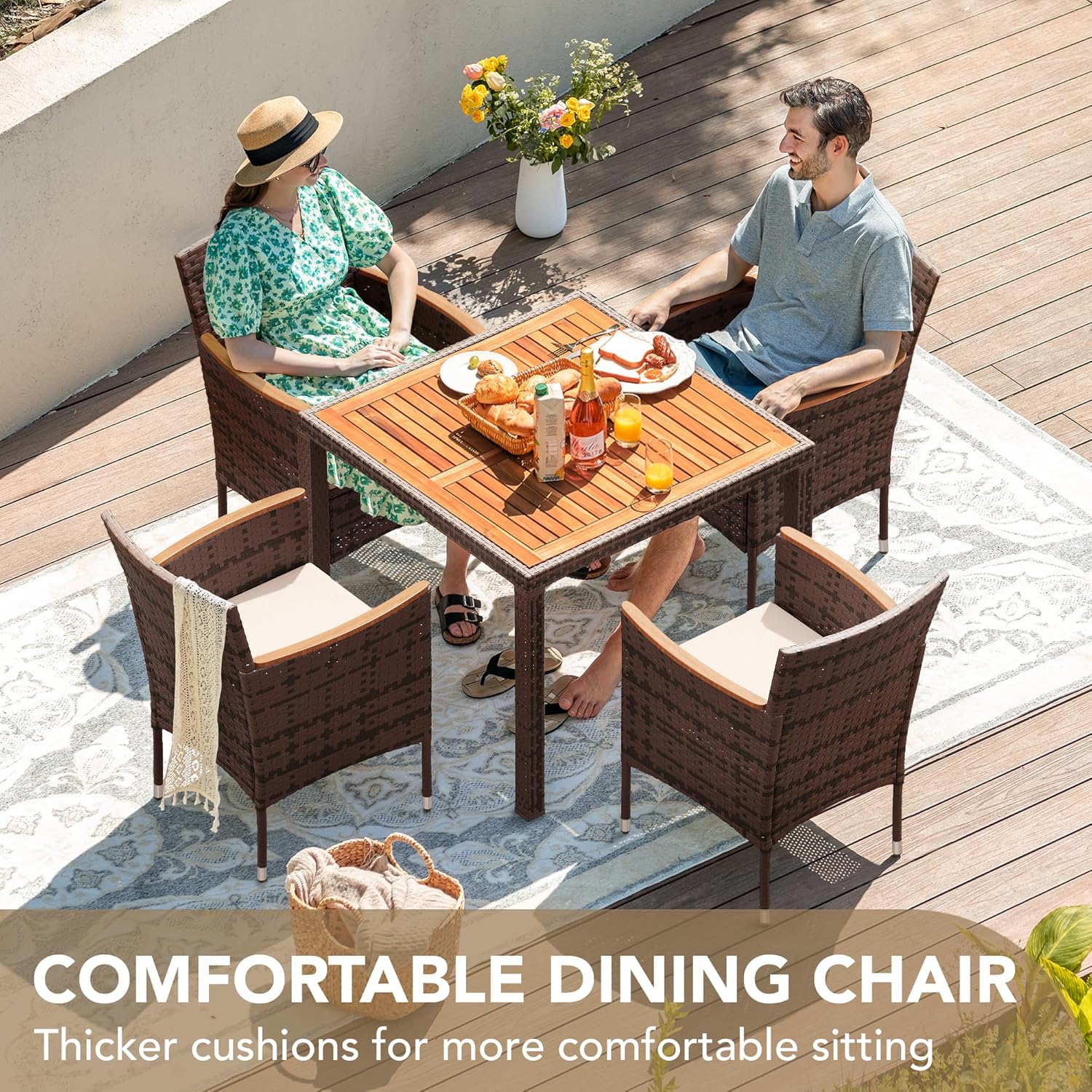 Devoko Dining 7 PCS Furniture Patio Conversation Set with Acacia Wood Table Top Rattan Outdoor wourant