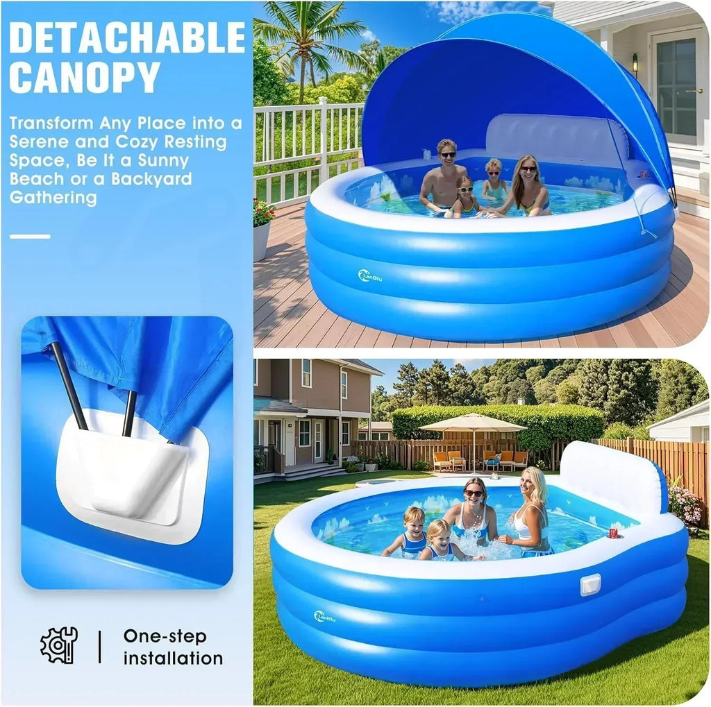 2025 Upgraded Inflatable Pool with Canopy Inflatable Family Lounge Pool Round Blow Up Pool wourant