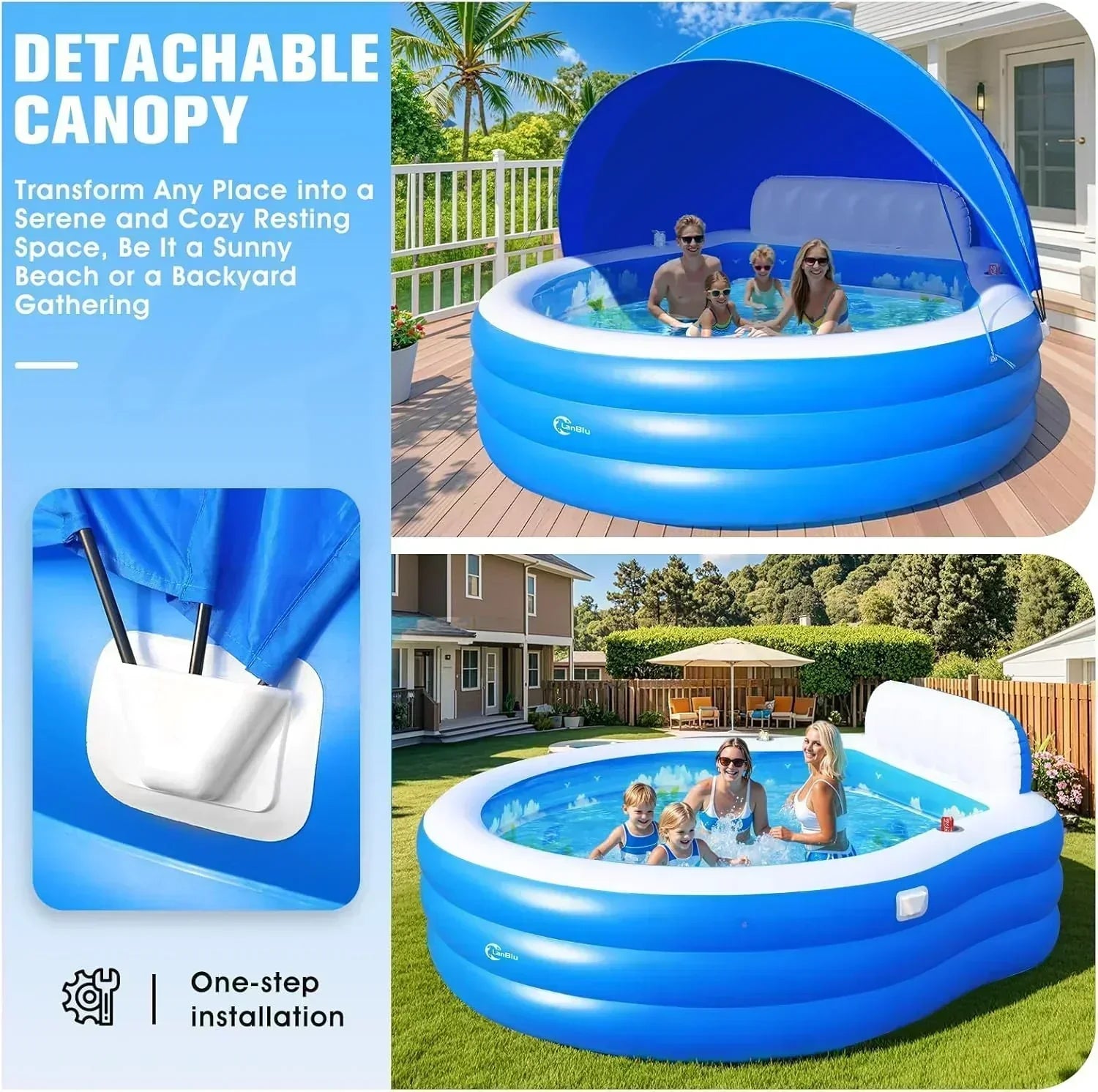 2025 Upgraded Inflatable Pool with Canopy Inflatable Family Lounge Pool Round Blow Up Pool wourant