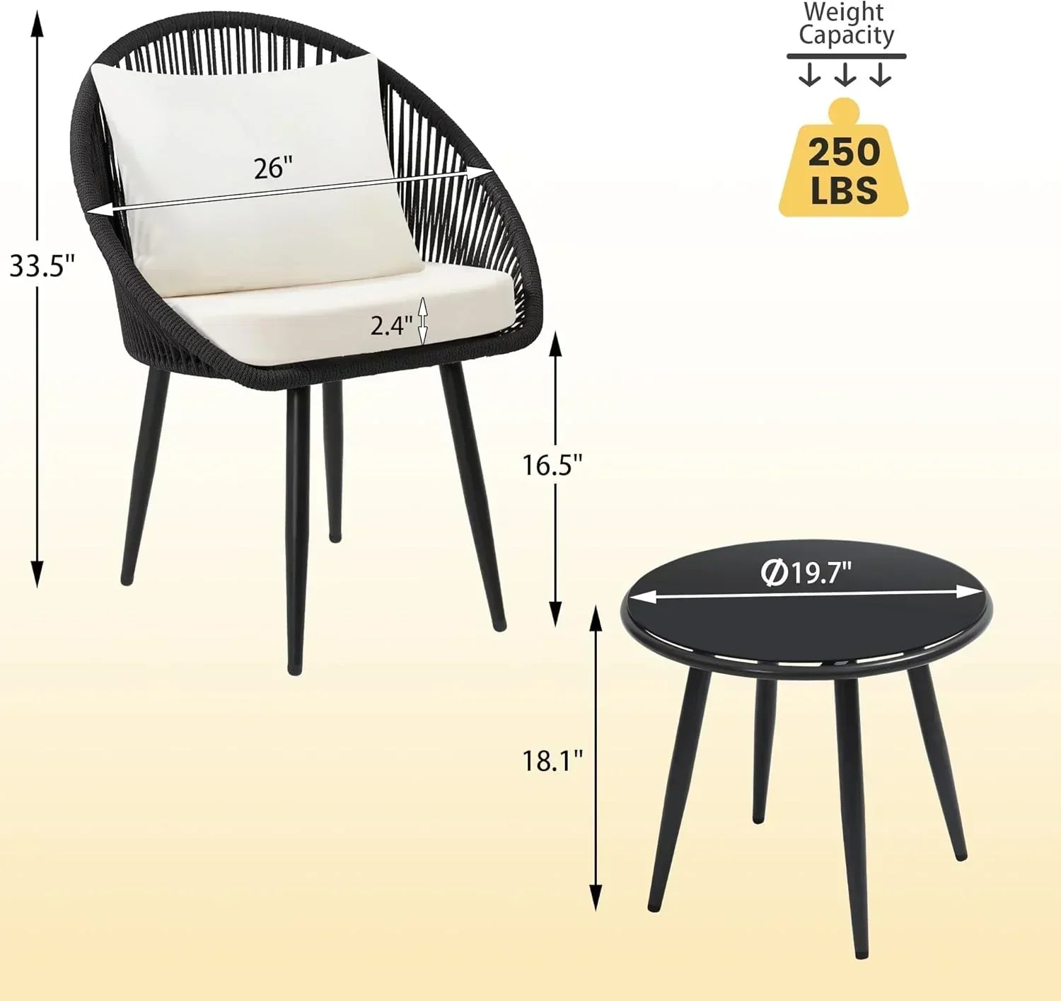 3 Piece Bistro Set Woven Rope Chair with Cushions All Weather Patio Conversation Set Side Table wourant