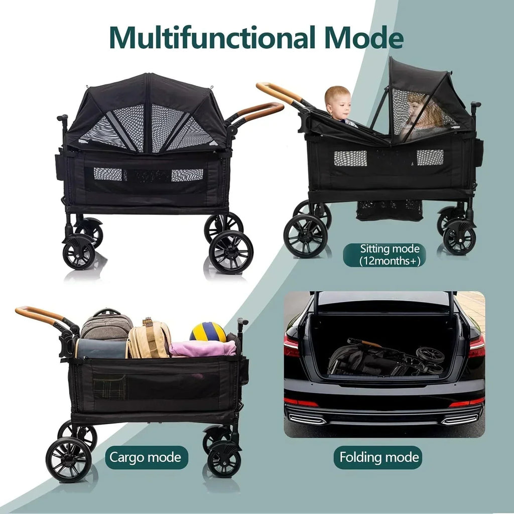 Wagon Stroller for 2 Kids Cargo-Travel Stroller Push-Pull Double Wagon Lightweight Folding Stroller wourant