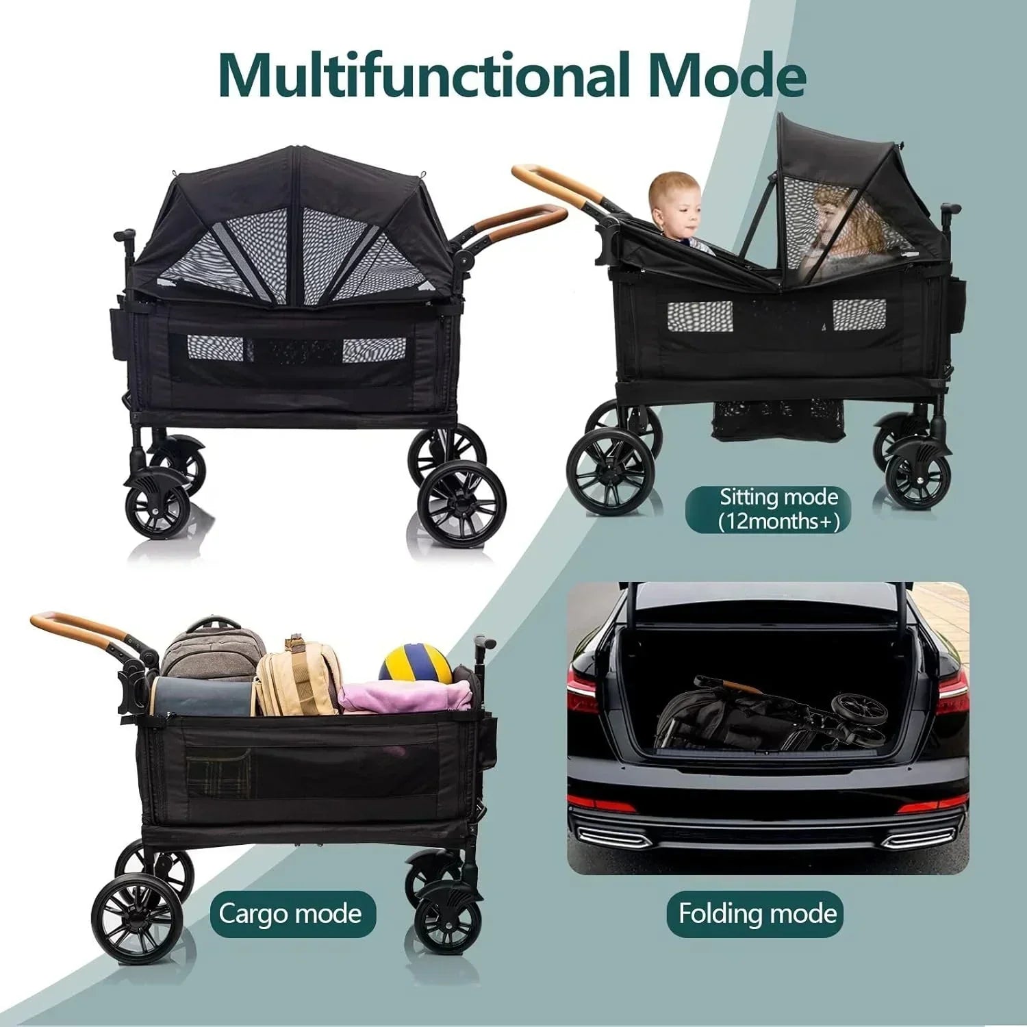 Wagon Stroller for 2 Kids Cargo-Travel Stroller Push-Pull Double Wagon Lightweight Folding Stroller wourant