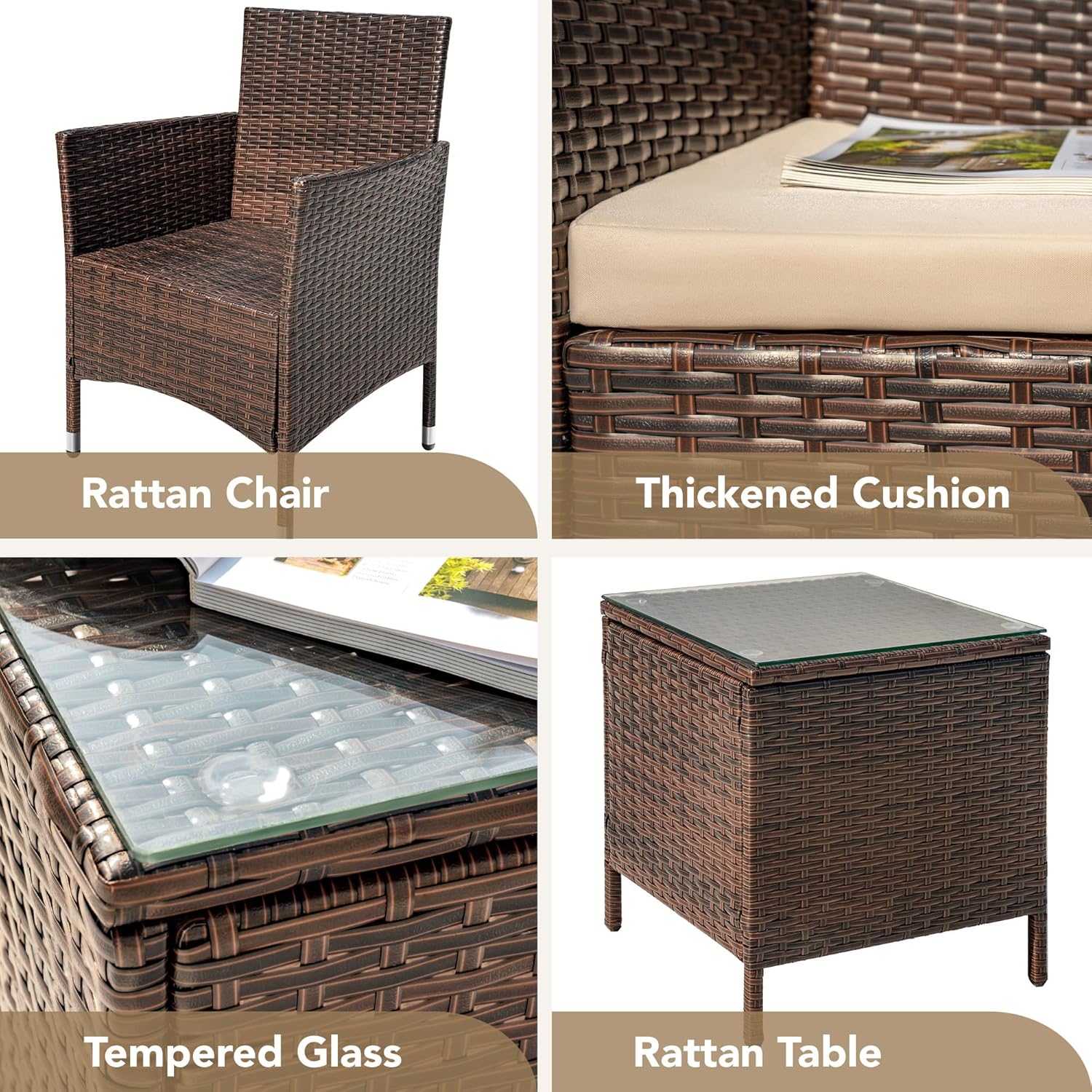 Devoko Patio Porch Furniture Sets 3 Pieces PE Rattan Wicker Chairs Outdoor Garden Furniture Sets wourant