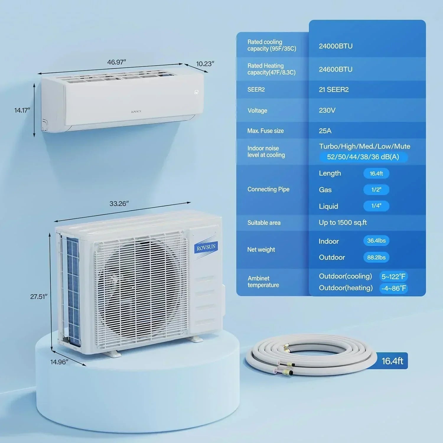 ROVSUN 9000 BTU Wifi Enabled Mini Split Air Conditioner Heater Inverter 19 SEER2 Energy Saving wourant