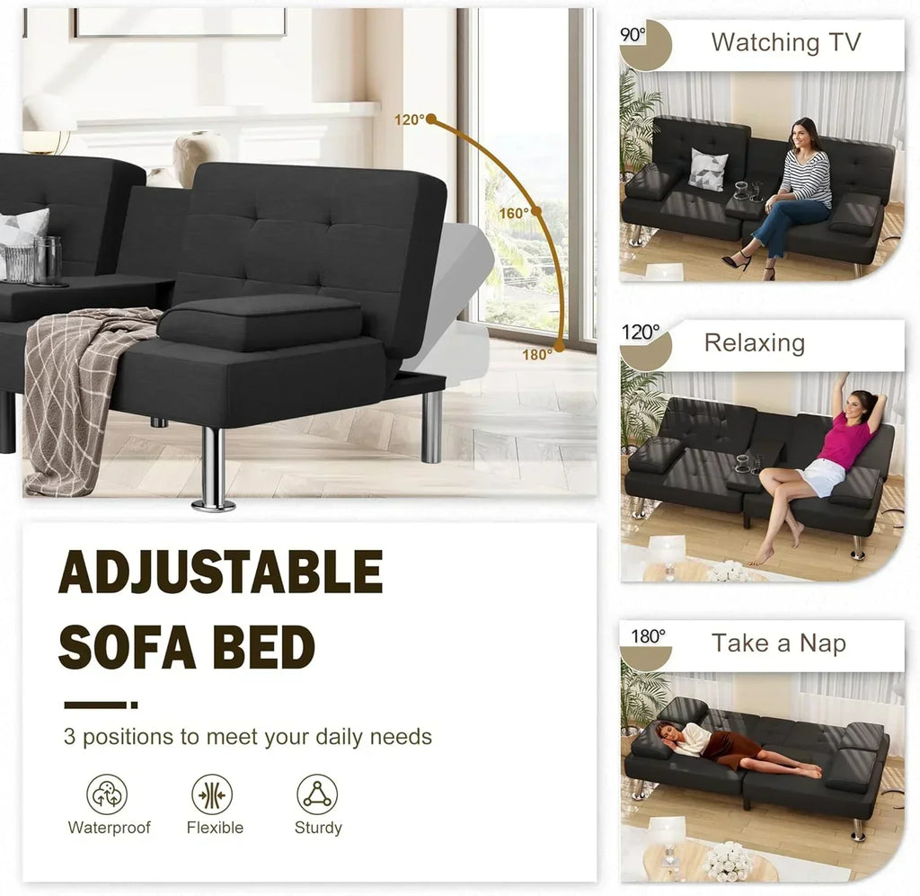 Shahoo Modern Linen Upholstered Convertible Folding Futon Sofa Bed with Removable Armrests wourant