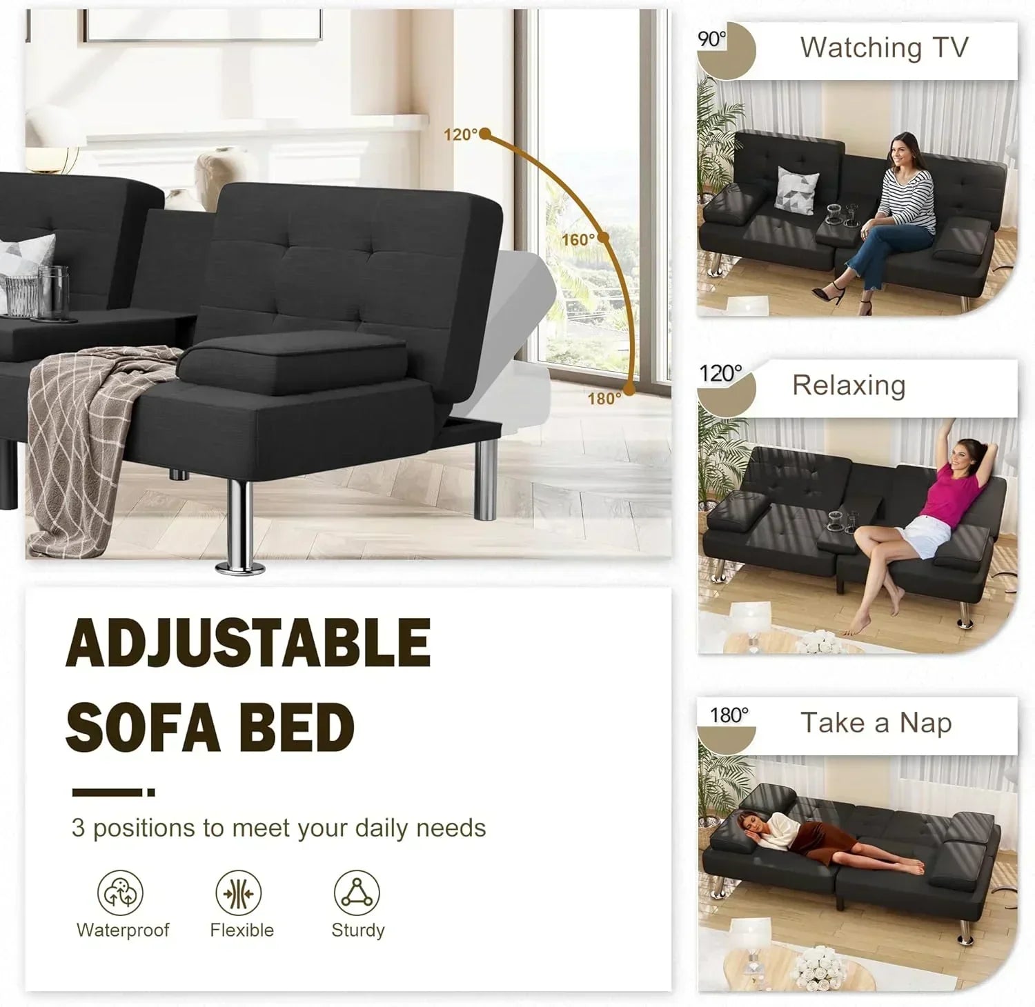 Shahoo Modern Linen Upholstered Convertible Folding Futon Sofa Bed with Removable Armrests wourant