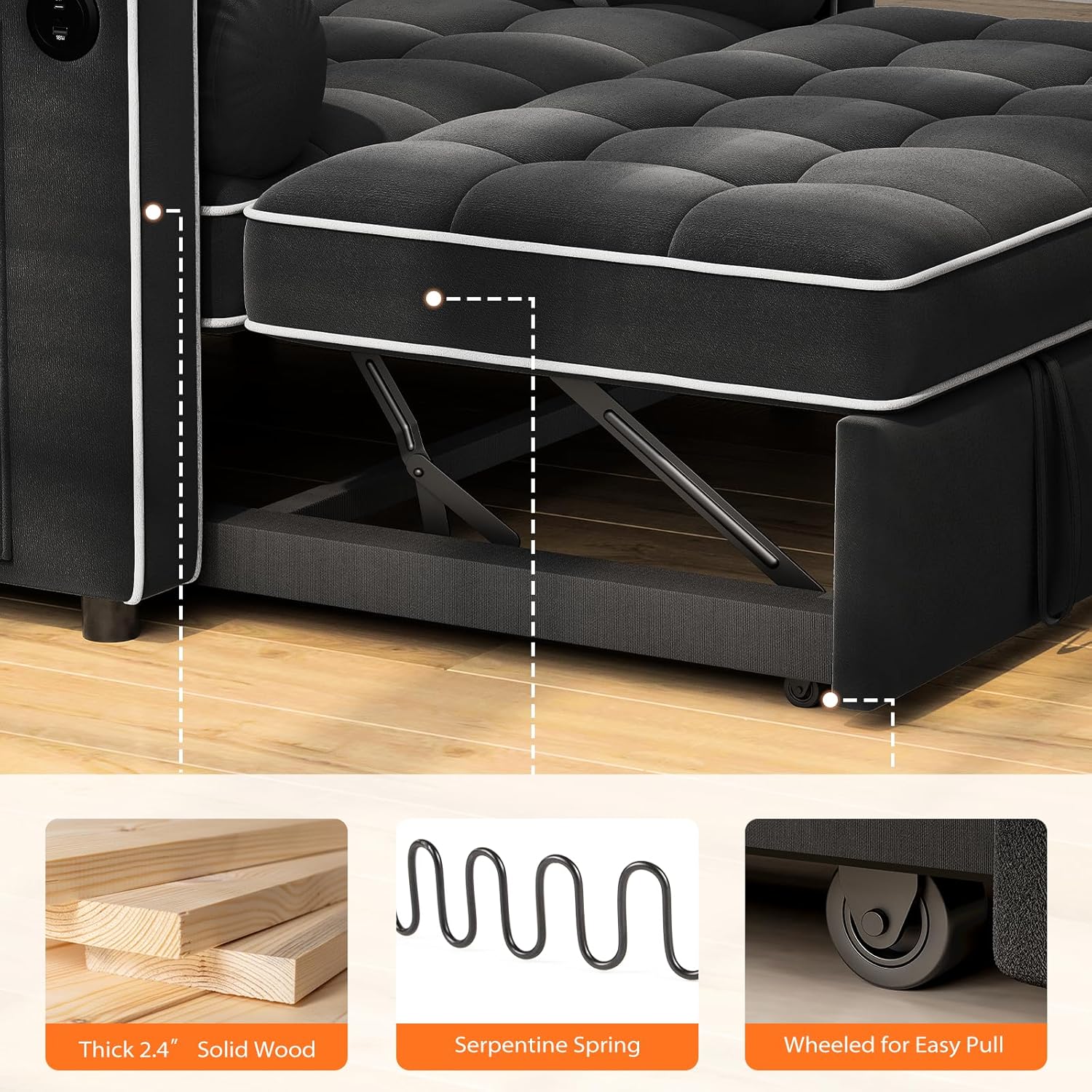 Pipishell 3 in 1 Convertible Sleeper Sofa Bed Pull Out Couch for Living Room USB Ports Side Pockets wourant