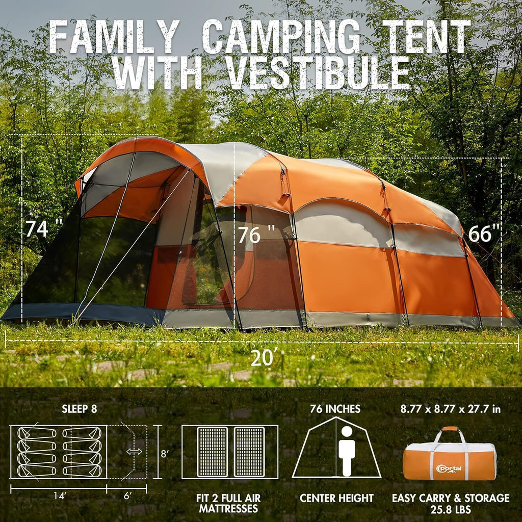PORTAL 6/8/10 Person Family Camping Tent with Screen Room Water Resistant Big Tunnel Tent wourant