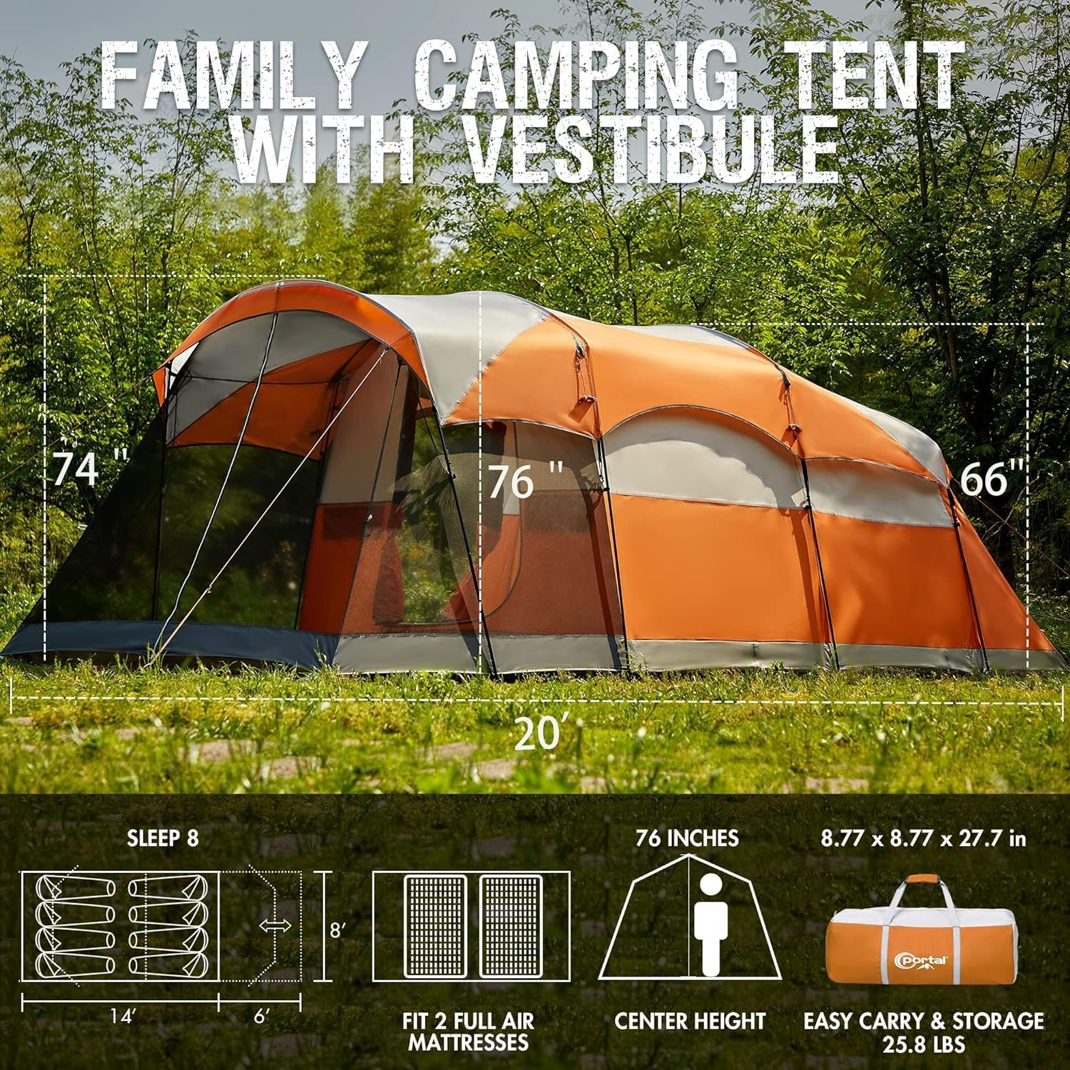 PORTAL 6/8/10 Person Family Camping Tent with Screen Room Water Resistant Big Tunnel Tent wourant