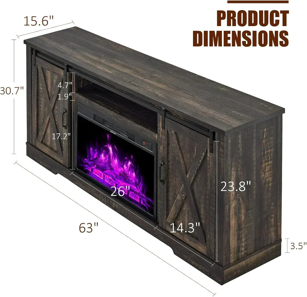 AMERLIFE Fireplace TV Stand with Sliding Barn Door  Farmhouse 63" Fireplace Entertainment Center wourant