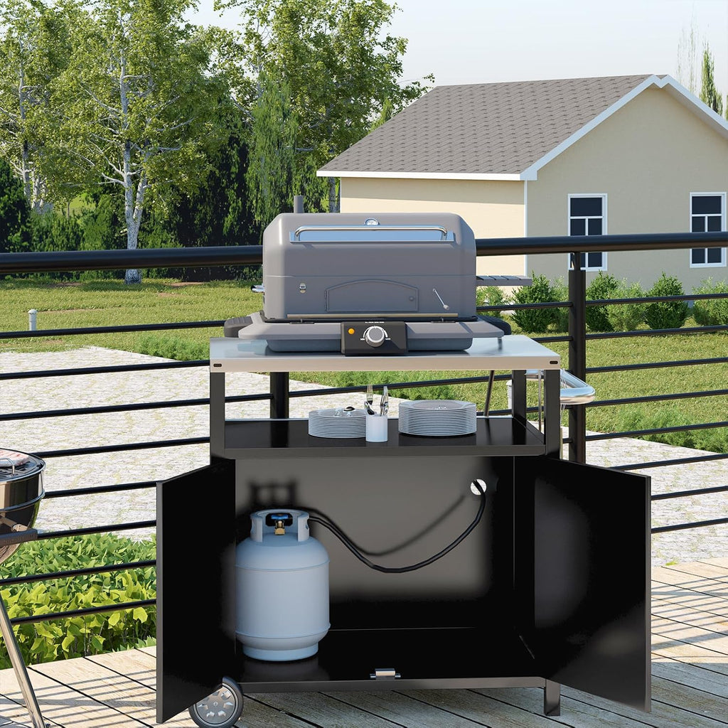 Stainless Steel Outdoor Grill Cart Pizza Oven Stand Trolley Table with Wheels Three-Shelf wourant