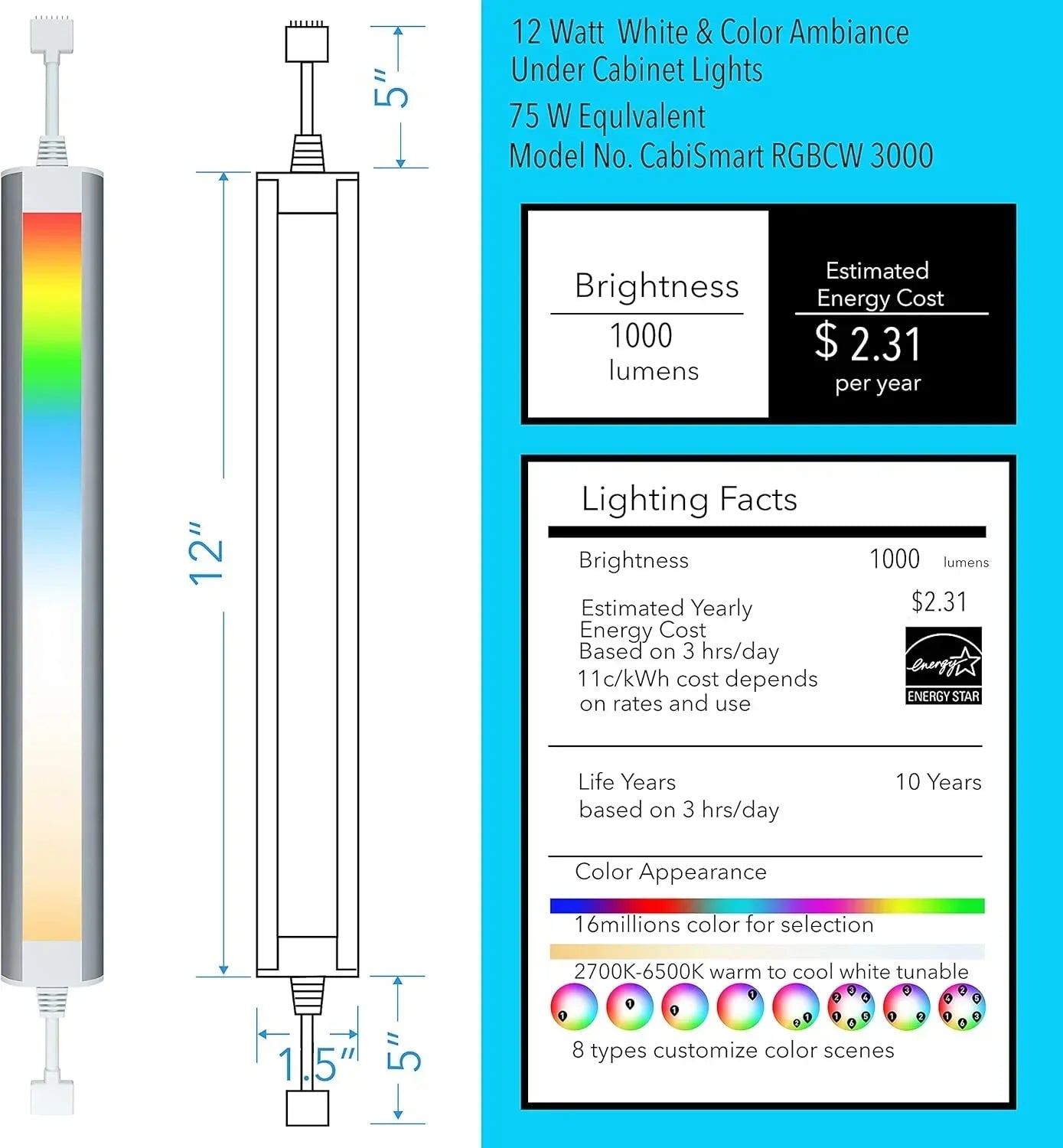 Smart under-cabinet lighting strip white and color-changing dimmable wourant