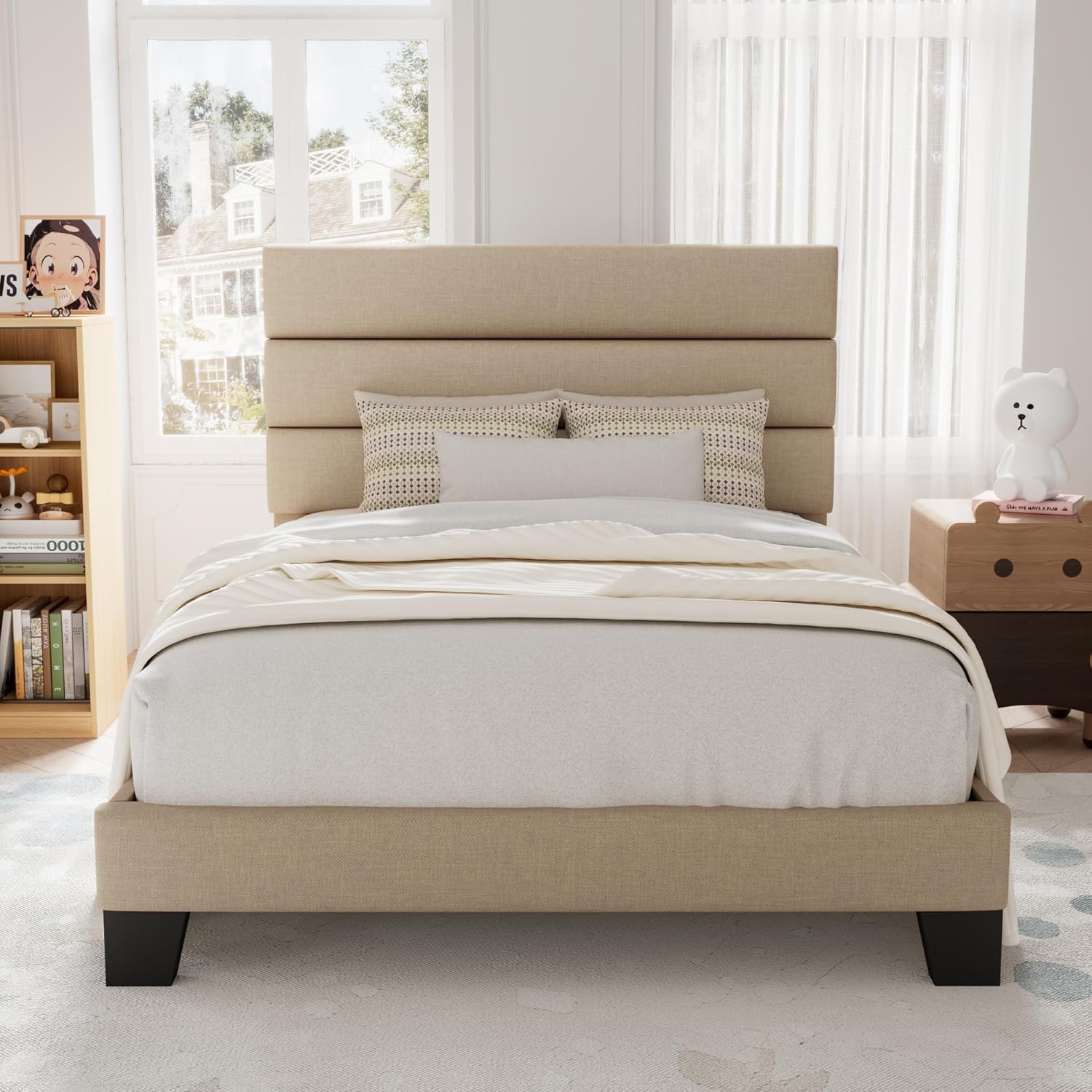 Allewie Queen Size Platform Bed Frame with Fabric Upholstered Headboard Wooden Slats Support wourant