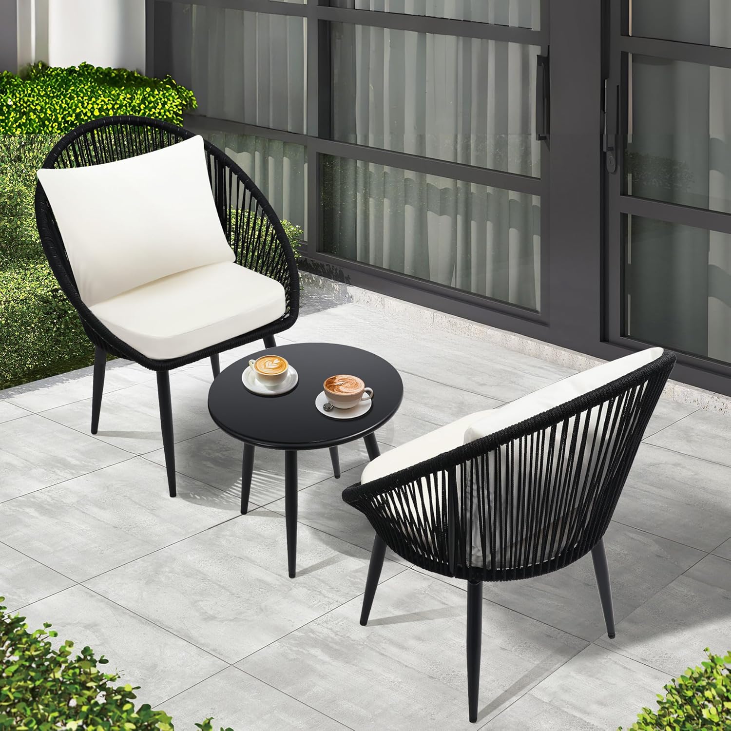 3 Piece Bistro Set Woven Rope Chair with Cushions All Weather Patio Conversation Set Side Table wourant