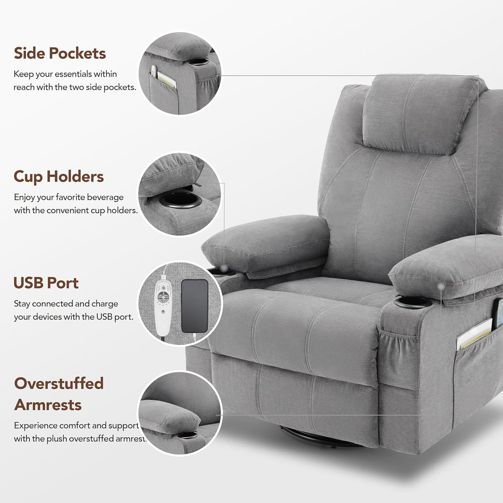 Large Swivel Rocking Recliner with Massage Function 360 Degree Swivel Rocking Single Sofa wourant