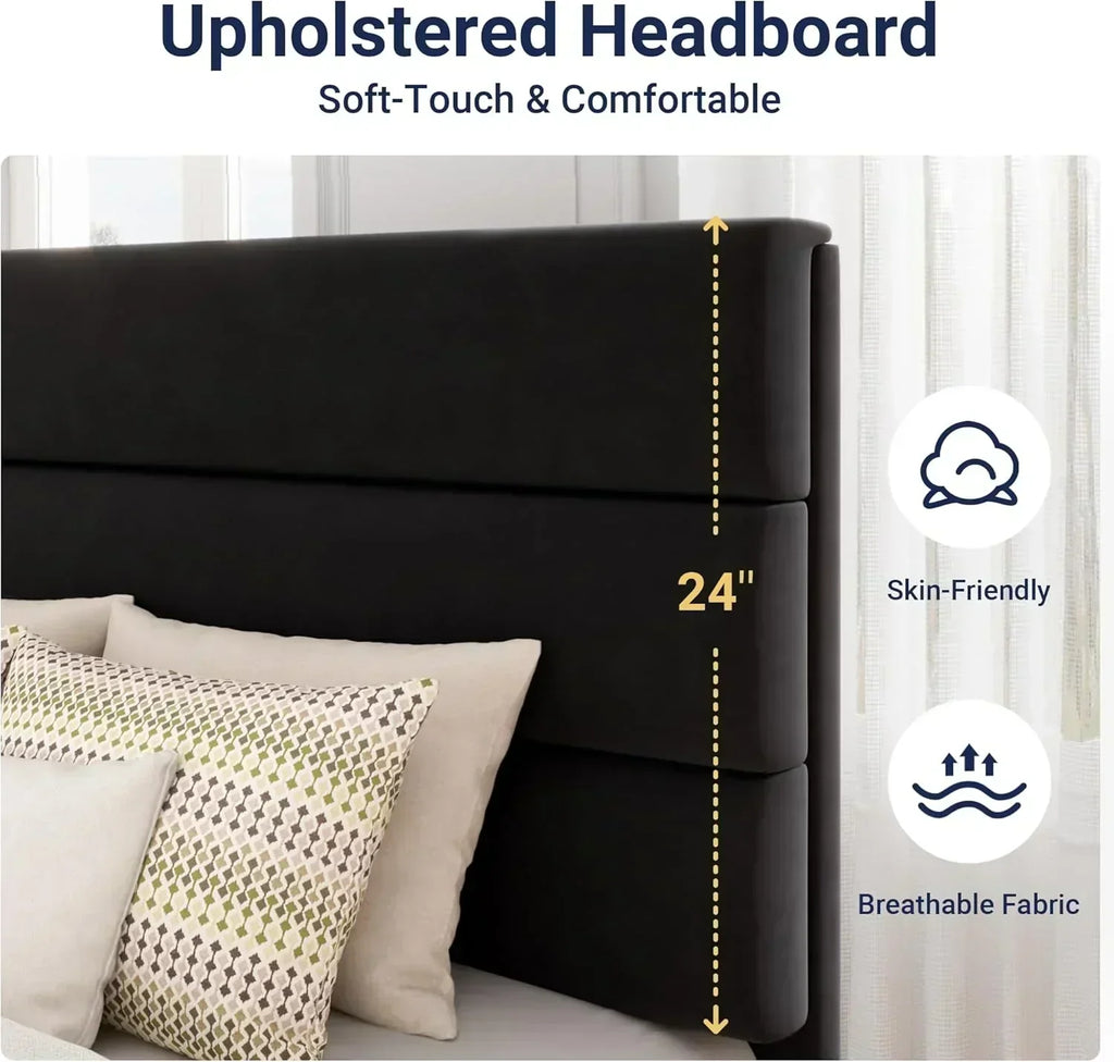 Allewie Queen Size Platform Bed Frame with Fabric Upholstered Headboard Wooden Slats Support wourant