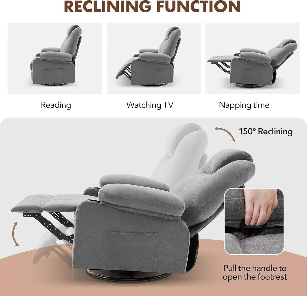 Large Swivel Rocking Recliner with Massage Function 360 Degree Swivel Rocking Single Sofa wourant