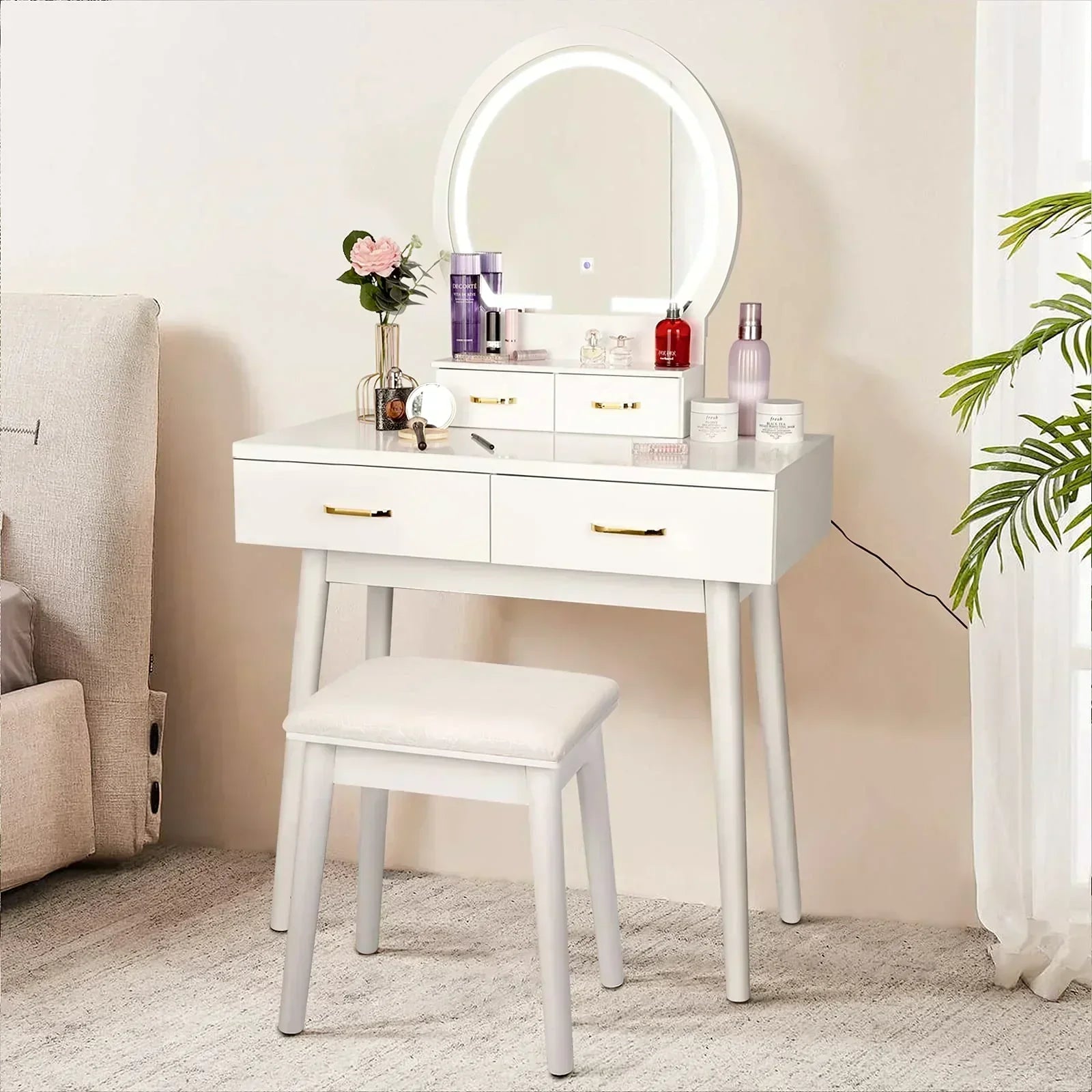 Vanity Desk with Lighted Mirror 3 Color Lighting Modes Adjustable Brightness wourant