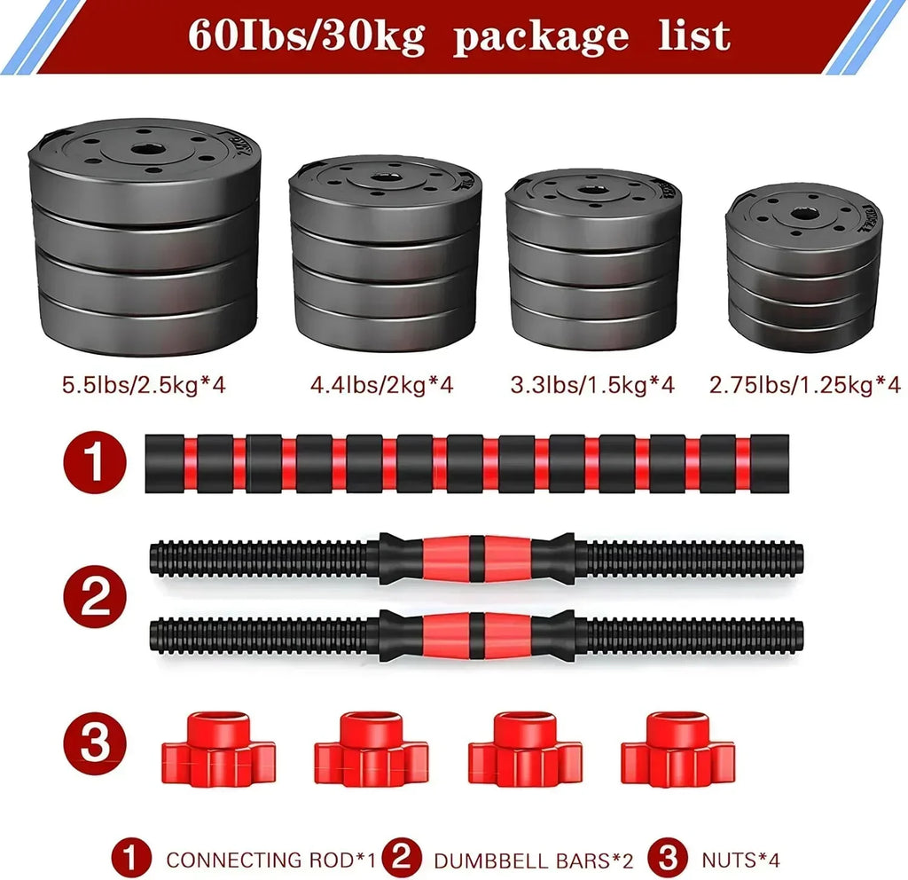 Adjustable dumbbell set, free weight dumbbell pair convertible into barbell wourant
