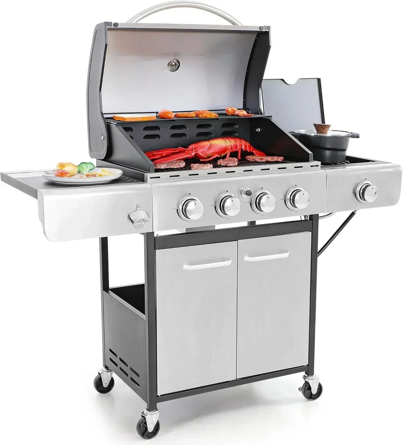 Captiva Designs 4-Burner Propane Gas BBQ Grill Side Burner Porcelain-Enameled Cast Iron Grates wourant