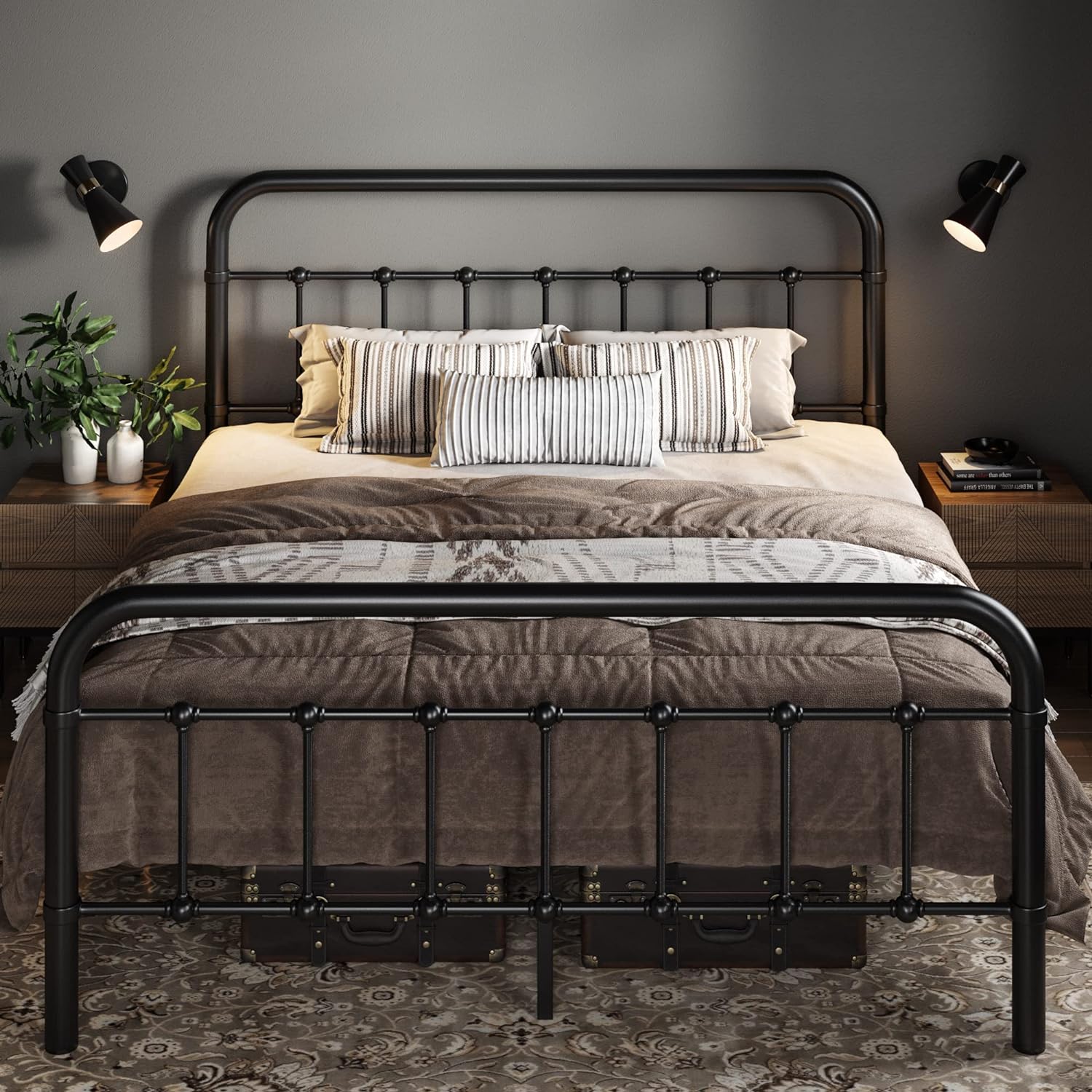 Allewie Queen Size Metal Platform Bed Frame with Victorian Style Wrought Iron-Art Headboard wourant