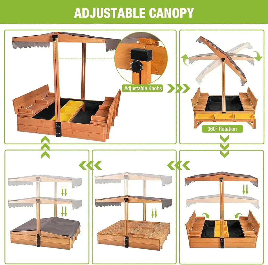 Kids Wooden Outdoor Sandbox Canopy 2 Foldable Bench Seats Retractable Roof Sand Protection Liner wourant