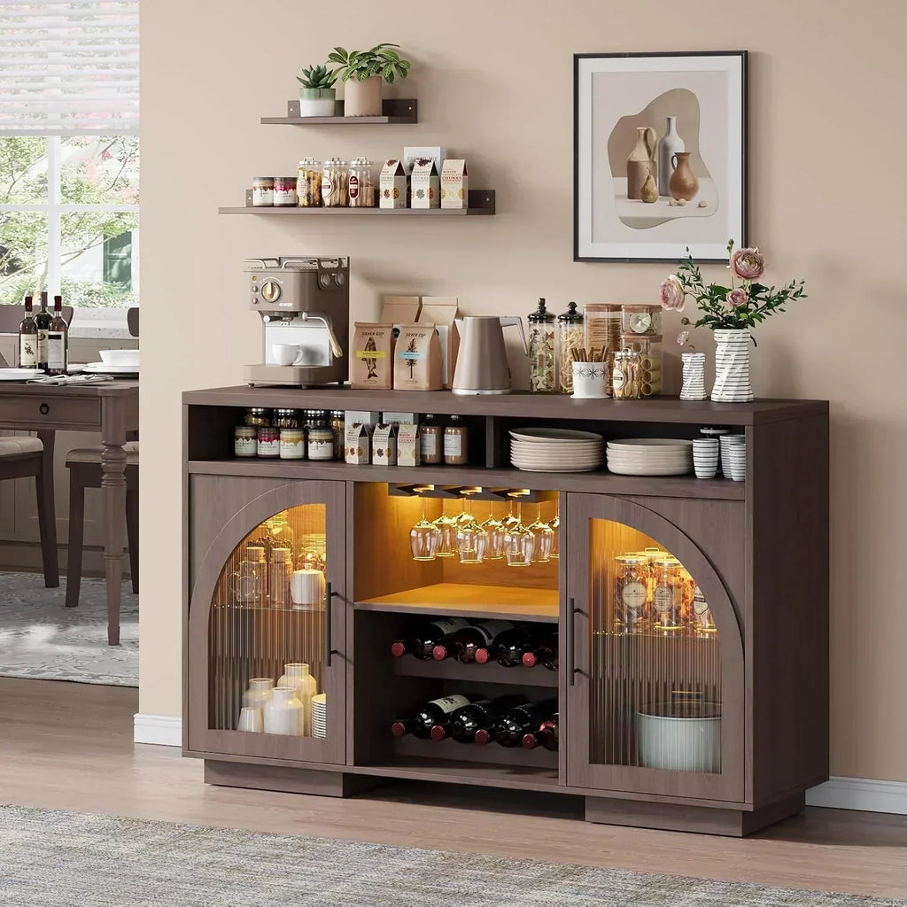 Sideboard 54-inch kitchen cabinet with LED lights and arched glass doors tall bar cabinet wourant