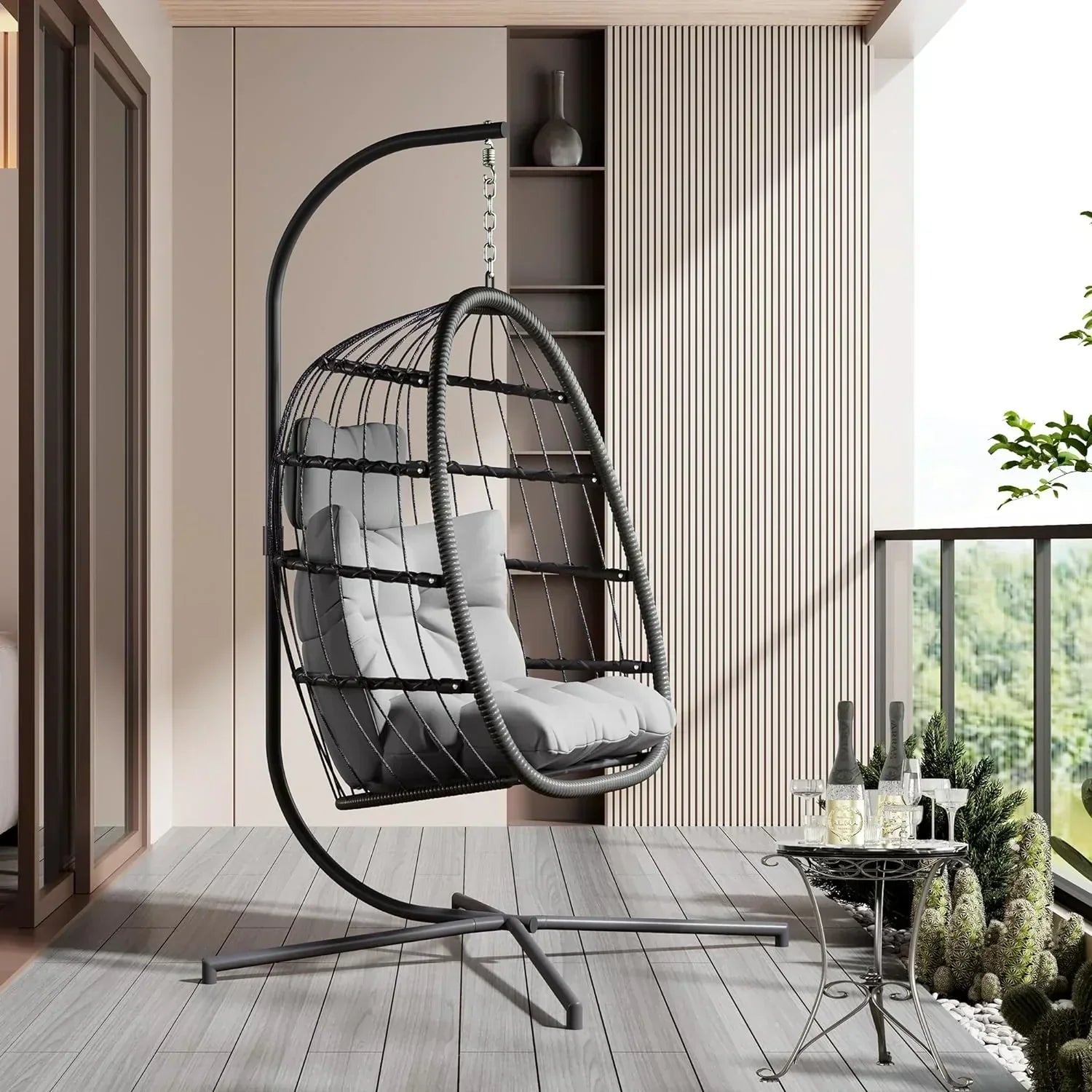 HWB Hanging Egg Chair with Stand Patio Wicker Hammock Egg Swing Chair Cushion for Bedroom wourant