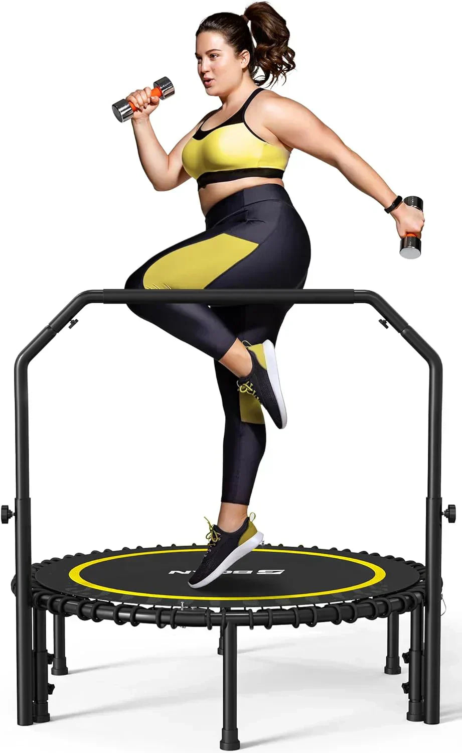 BCAN 450/550 LBS Foldable Mini Trampoline Fitness Trampoline Bungees Adjustable Foam Handle wourant