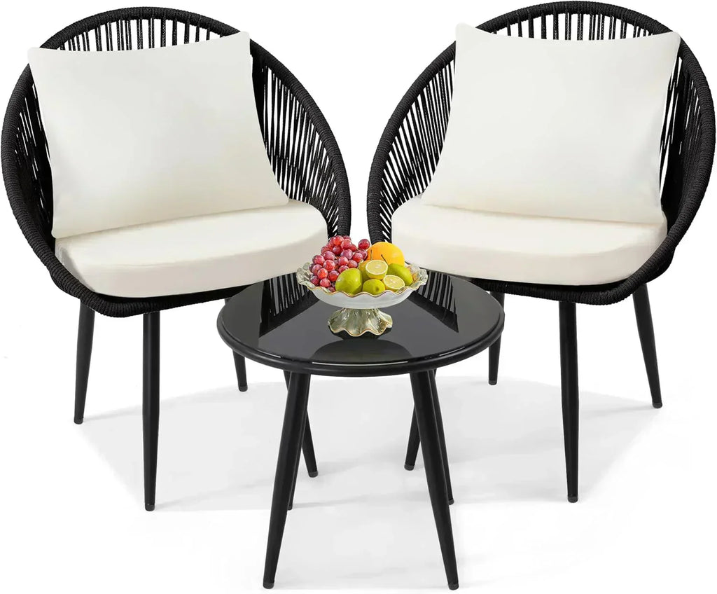 3 Piece Bistro Set Woven Rope Chair with Cushions All Weather Patio Conversation Set Side Table wourant