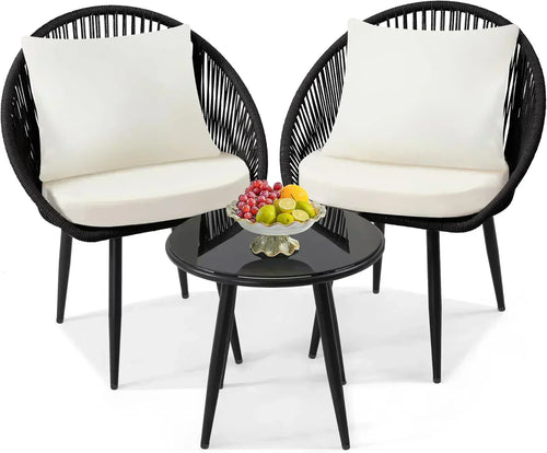3 Piece Bistro Set Woven Rope Chair with Cushions All Weather Patio Conversation Set Side Table wourant