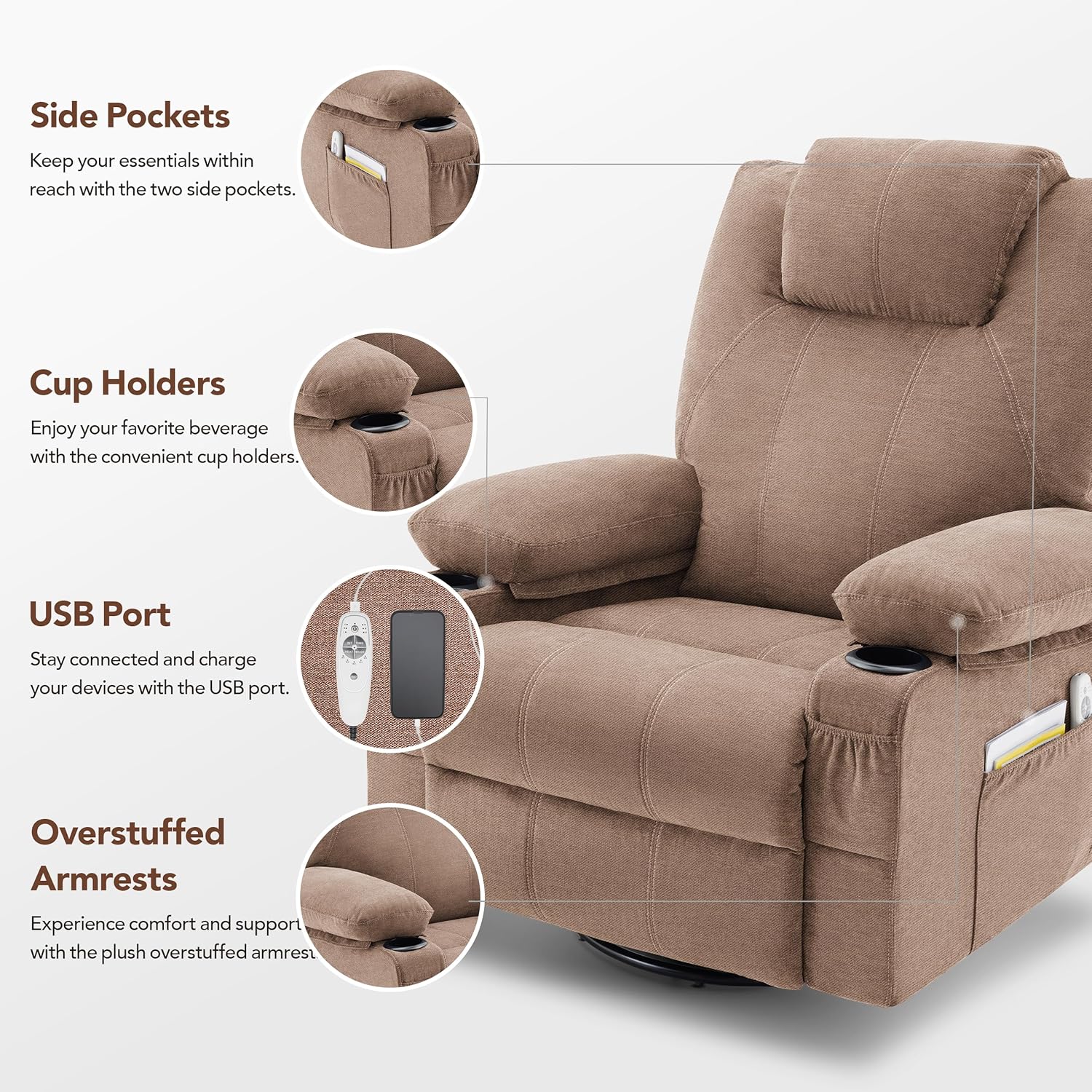 Large Swivel Rocking Recliner with Massage Function 360 Degree Swivel Rocking Single Sofa wourant