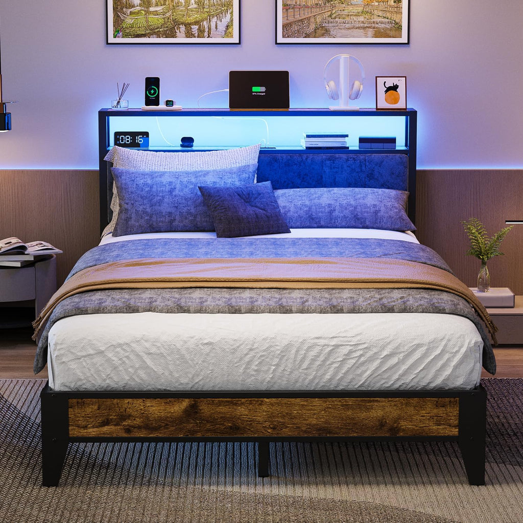 OLEVS Single Bed Frame LED Light Storage Headboard Type C Charging Station Metal Platform Bed wourant