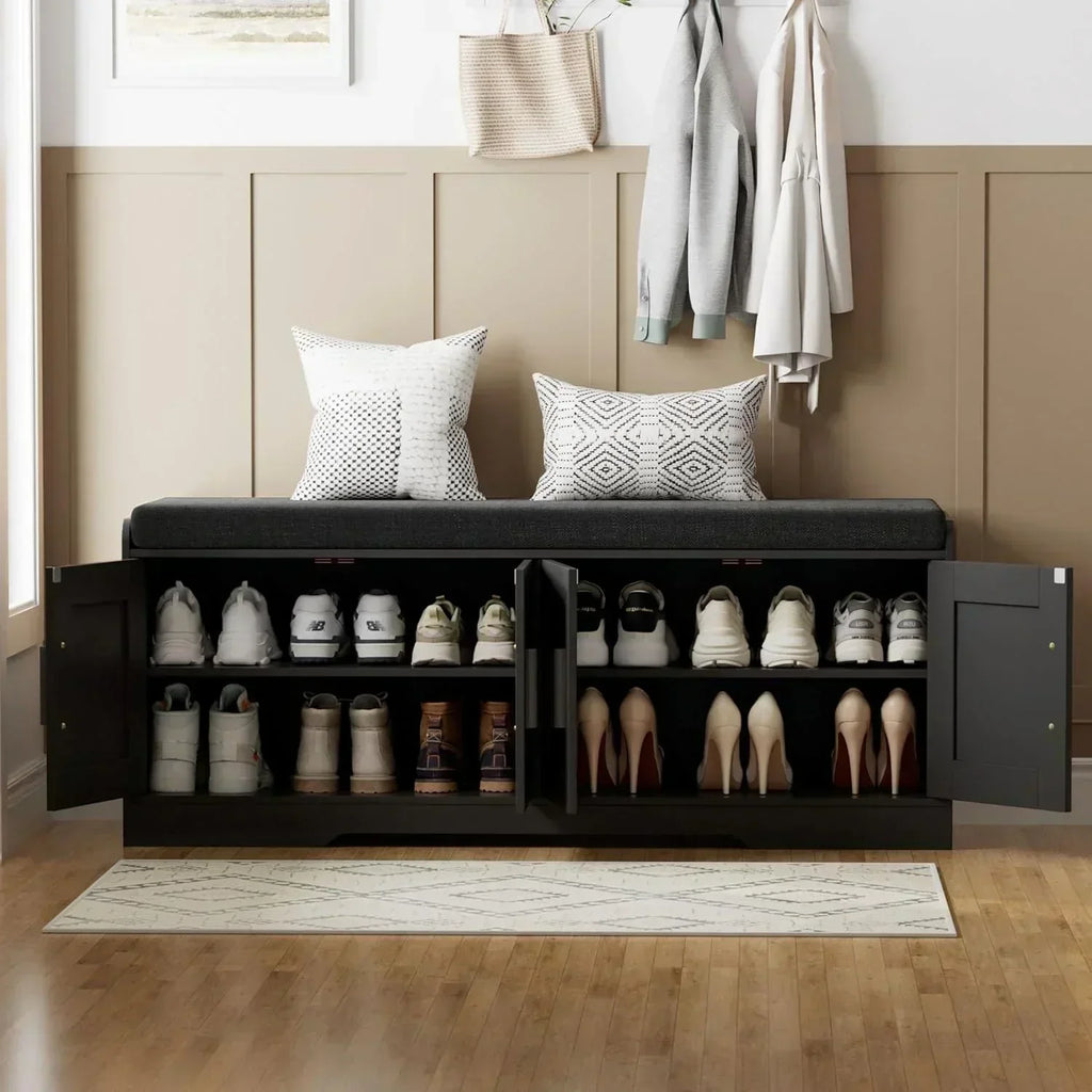 2-Tier Storage Bench Shoe Bench with Thickened Padded Seat Cushion Entryway Bench wourant