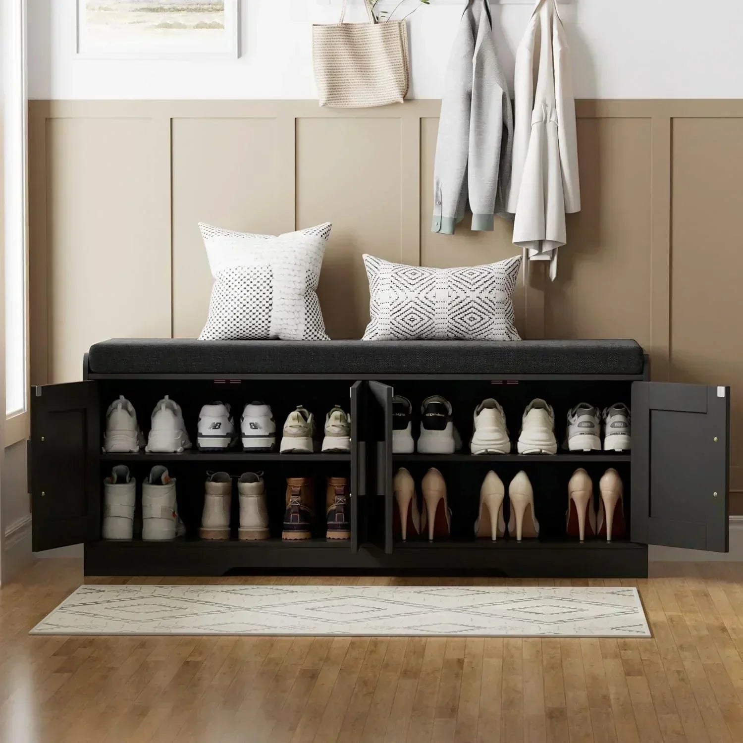 2-Tier Storage Bench Shoe Bench with Thickened Padded Seat Cushion Entryway Bench wourant