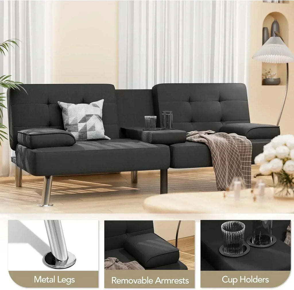 Shahoo Modern Linen Upholstered Convertible Folding Futon Sofa Bed with Removable Armrests wourant