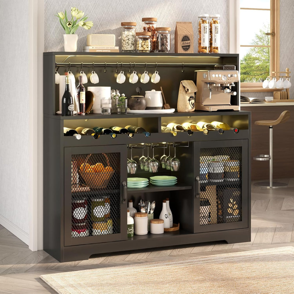 Wine Bar Cabinet with LED Light Liquor Cabinet with Glass Holder Coffee Bar for Liquor wourant