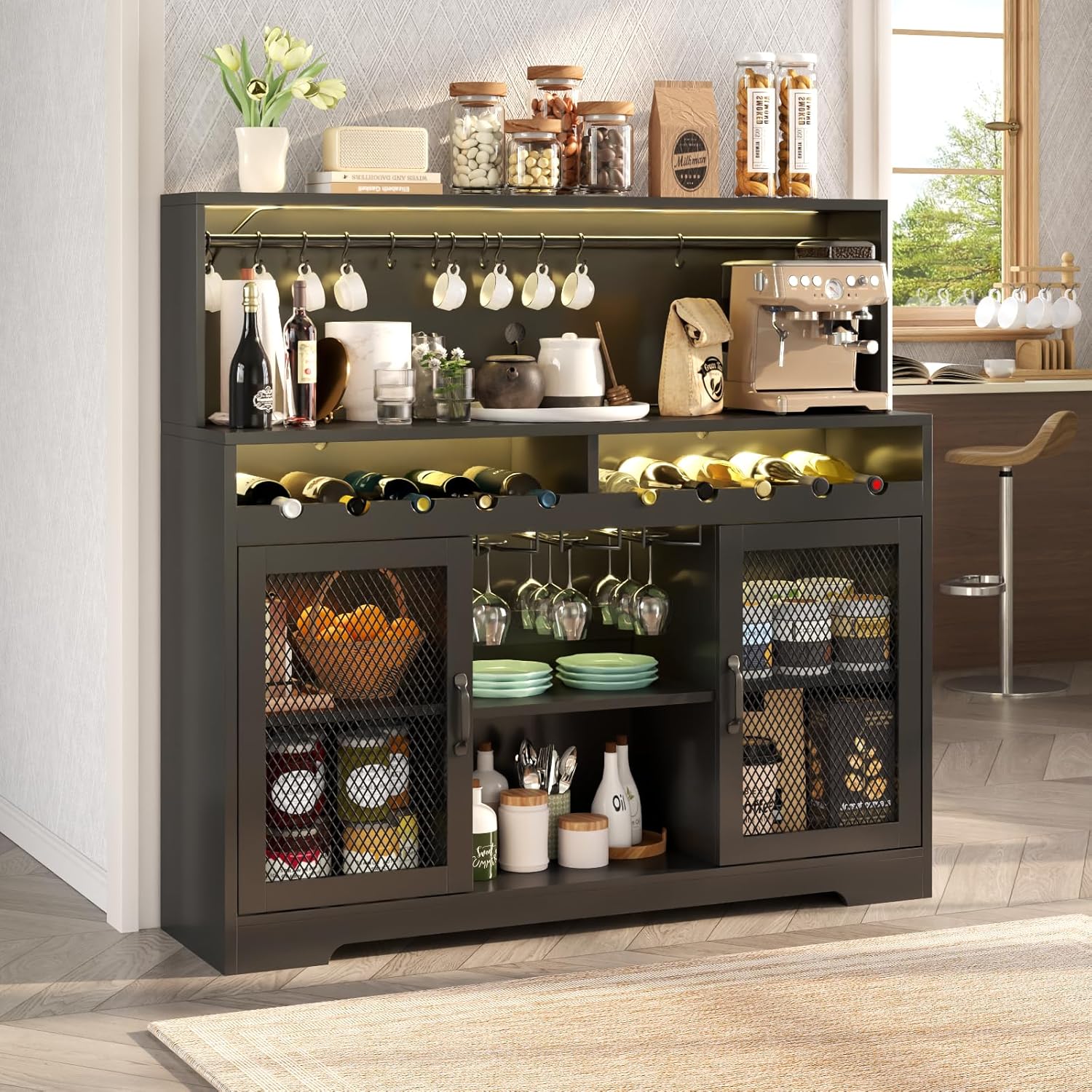 Wine Bar Cabinet with LED Light Liquor Cabinet with Glass Holder Coffee Bar for Liquor wourant