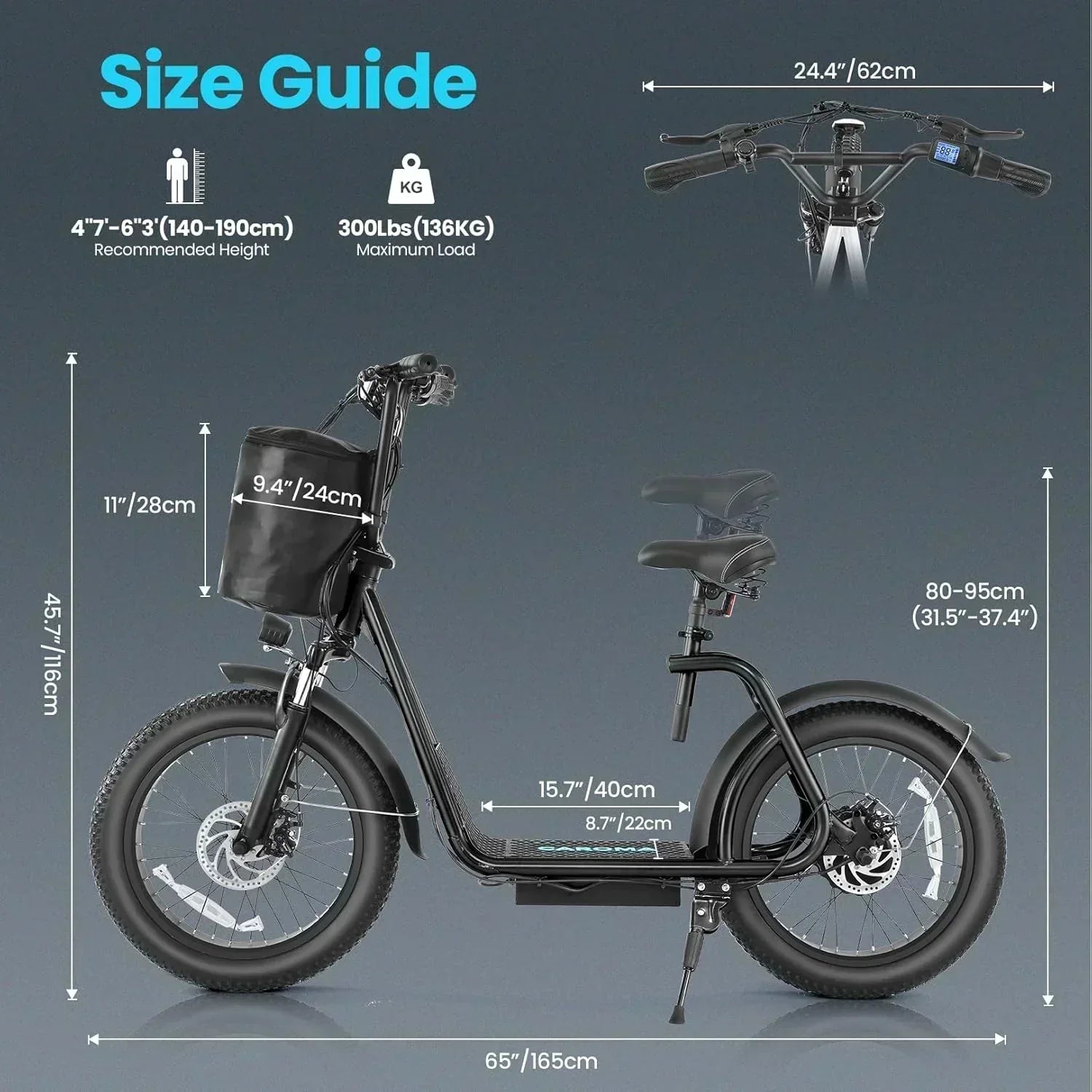 Caroma Peak 800W Foldable Adult Electric Scooter with 20-inch Wide Tires 48V Battery Basket wourant