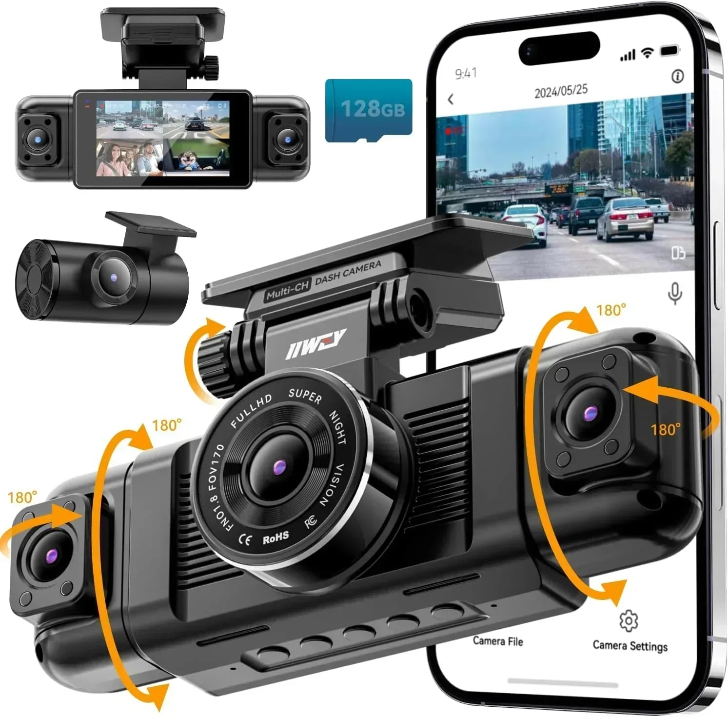 Channel Dash Cam 360° View 1080P Front and Rear Interior Car Left and Right Dash Cam wourant