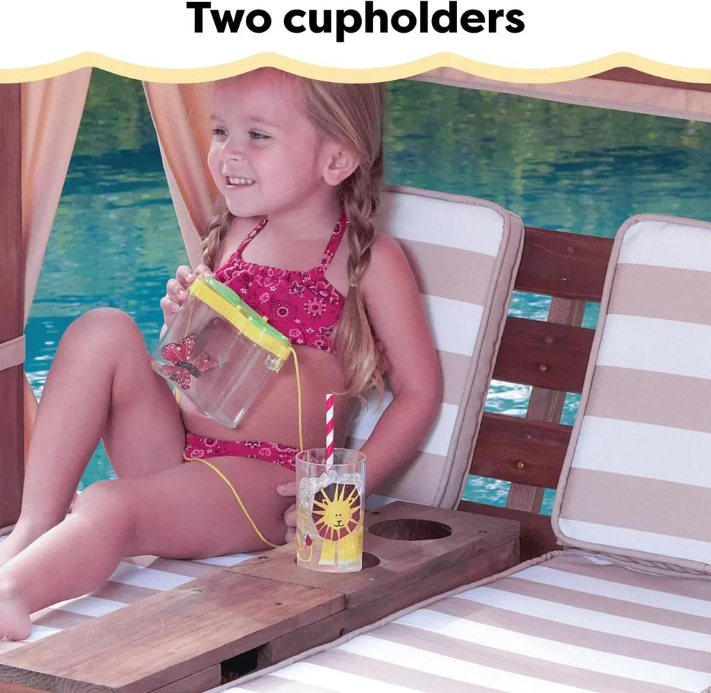 KidKraft Wooden Outdoor Double Chaise Lounge with Cup Holders Kids Patio Furniture Honey wourant