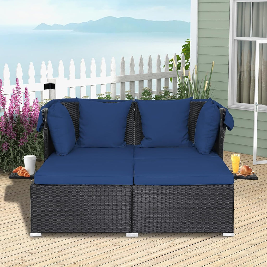 RELAX4LIFE Patio Outdoor Daybed with Canopy Wicker Sunbed Cushions 4 Pillows wourant