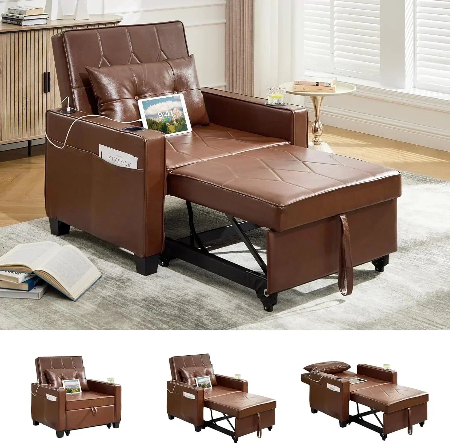 Adult Convertible Sleeper Chair Bed 3-in-1 Pull-Out Sofa Bed with USB/Type-C Ports Cup Holders wourant