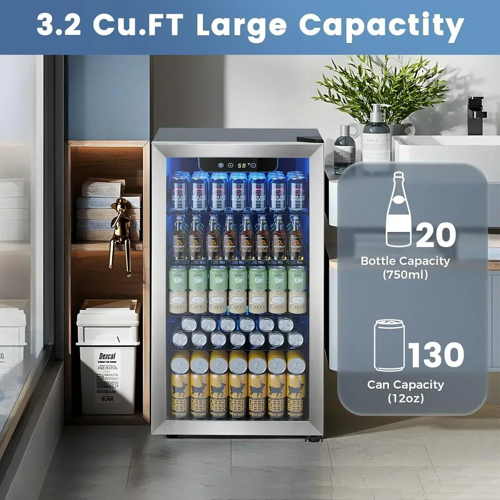 Mini Fridge 130 Can Beverage Refrigerator Cooler Drink Fridge Adjustable Temperature Control wourant