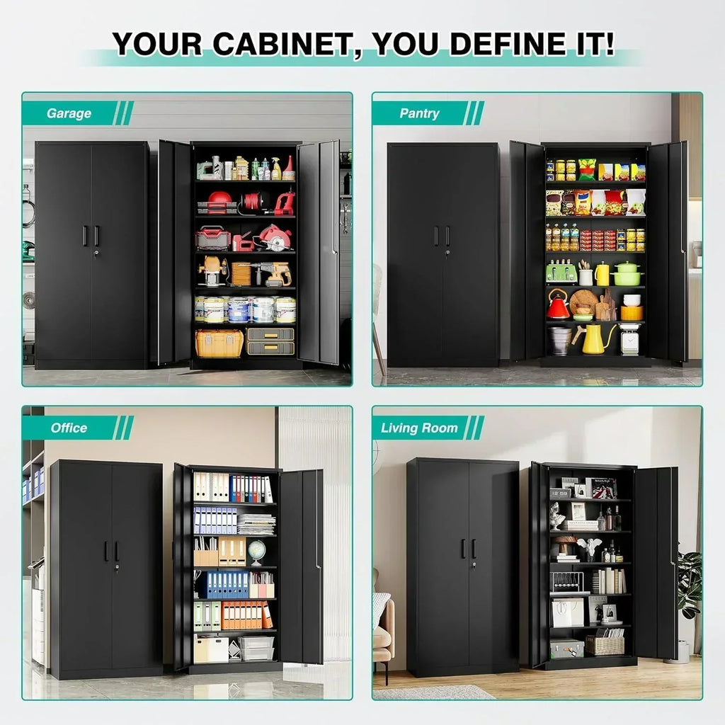 Metal Storage Cabinet with 2 Doors and 6 Shelves Black Metal Cabinet Garage Storage Cabinet wourant