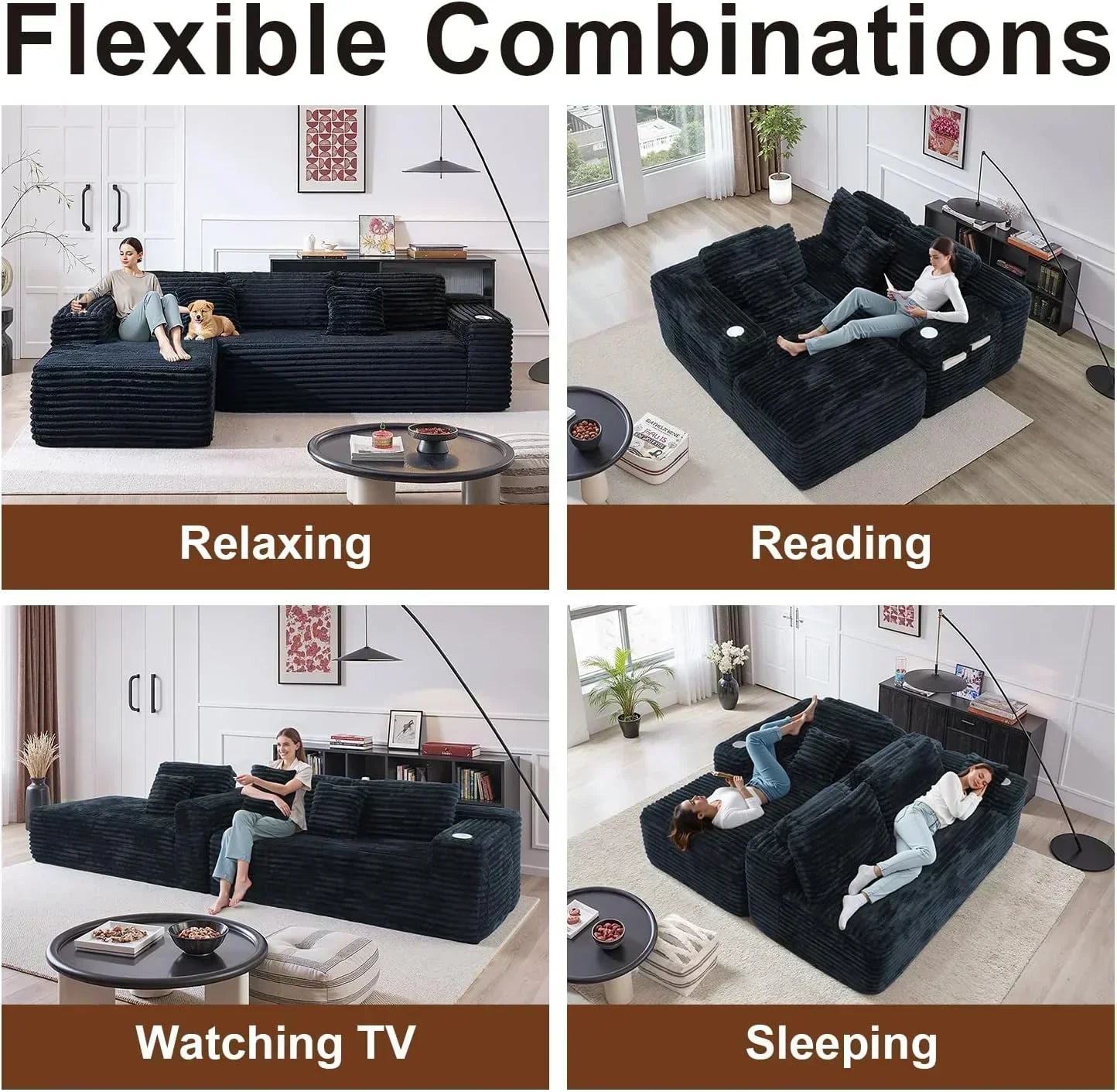 Cloud section sofa with L-shaped recliner modern modular sofa built-in cup holder wourant