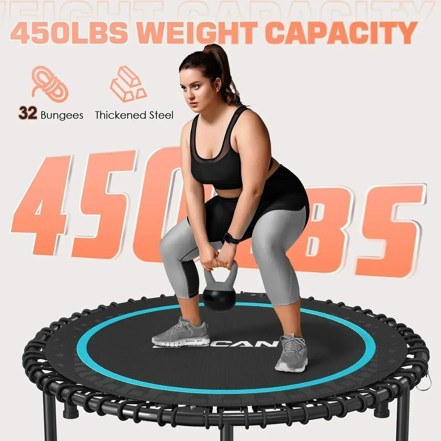BCAN 450/550 LBS Foldable Mini Trampoline Fitness Trampoline Bungees Adjustable Foam Handle wourant